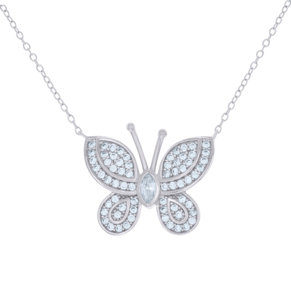 925 Sterling Silver Womens Cubic-Zirconia Butterfly Fashion Charm Necklace