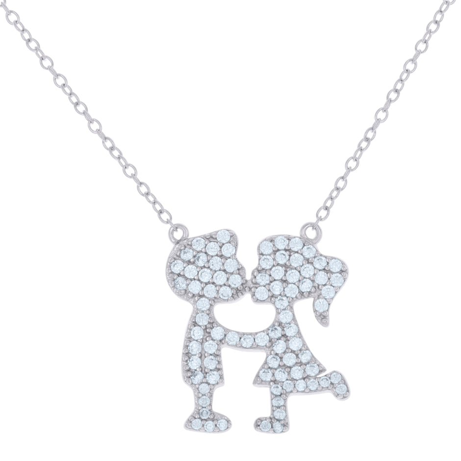 925 Sterling Silver Womens Cubic-Zirconia Girl Boy Kiss Charm Necklace