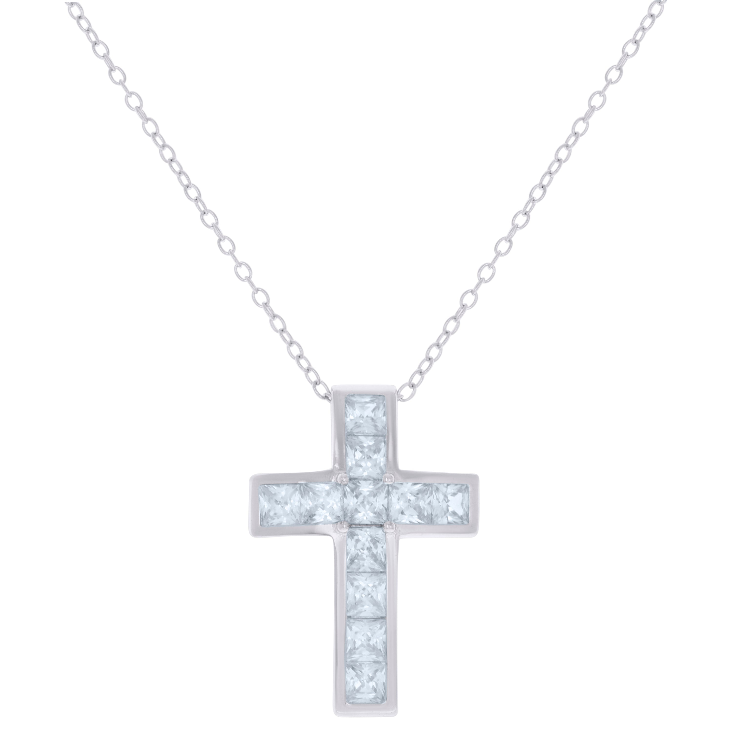 925 Sterling Silver Womens Princess-Cut Cubic-Zirconia Cross Religious Charm Necklace