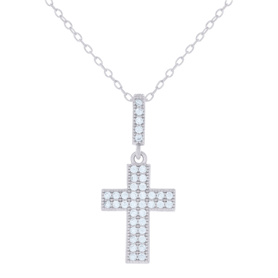 925 Sterling Silver Womens Cubic-Zirconia Cross Religious Charm Necklace
