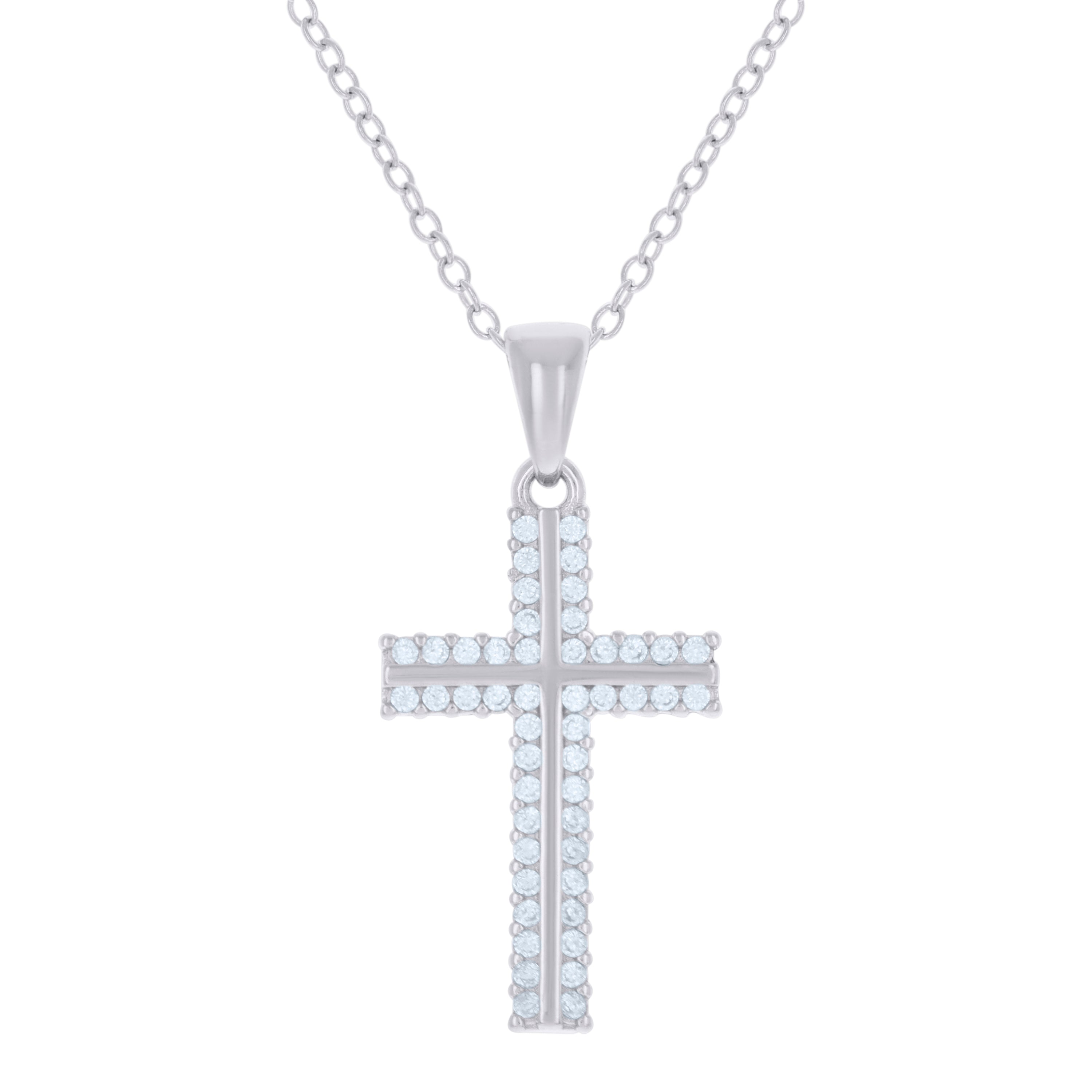 925 Sterling Silver Womens Cubic-Zirconia Cross Religious Charm Necklace
