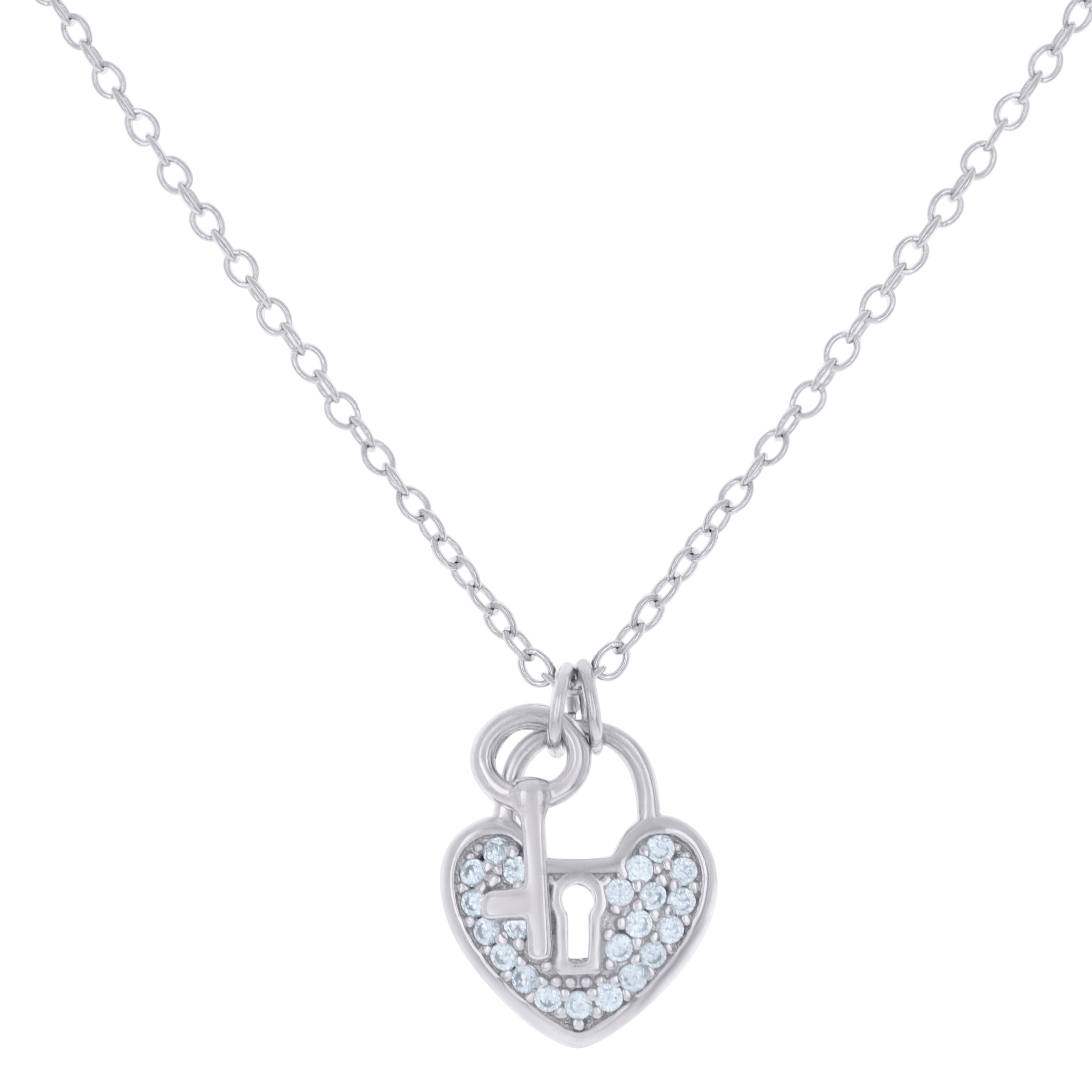 925 Sterling Silver Womens Cubic-Zirconia Heart Lock Charm Necklace