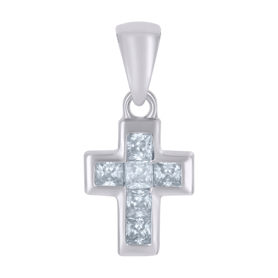 925 Sterling Silver Womens Princess-Cut Cubic-Zirconia Cross Religious Charm Pendant