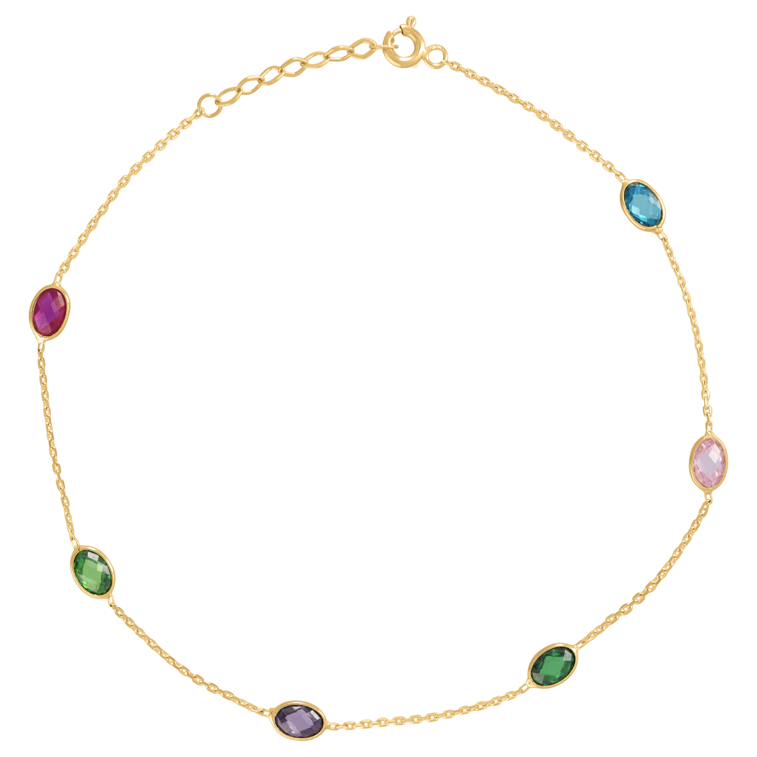14Kt Yellow Gold Womens Multi-Color Oval Cubic Zirconia Chain Anklet Size 10 Inches