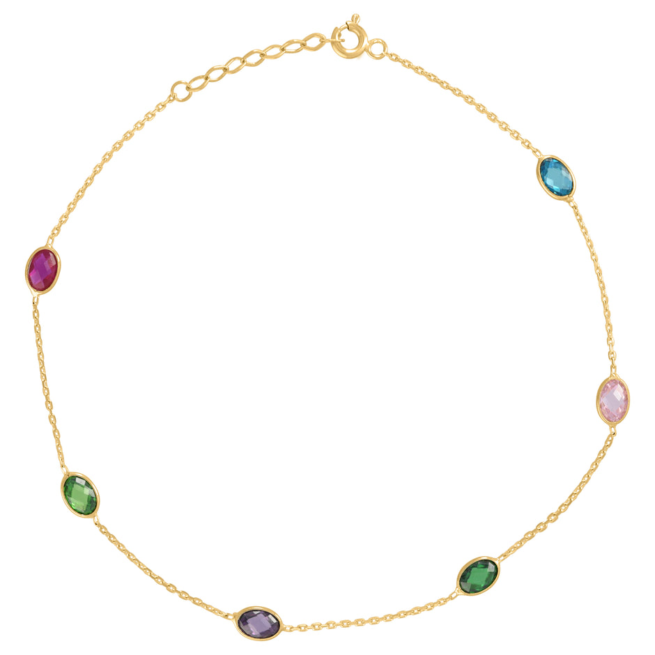 14Kt Yellow Gold Womens Multi-Color Oval Cubic Zirconia Chain Anklet Size 10 Inches
