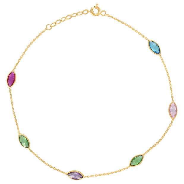 14Kt Yellow Gold Womens Multi-Color Marquise Cubic Zirconia Chain Anklet Size 10 Inches