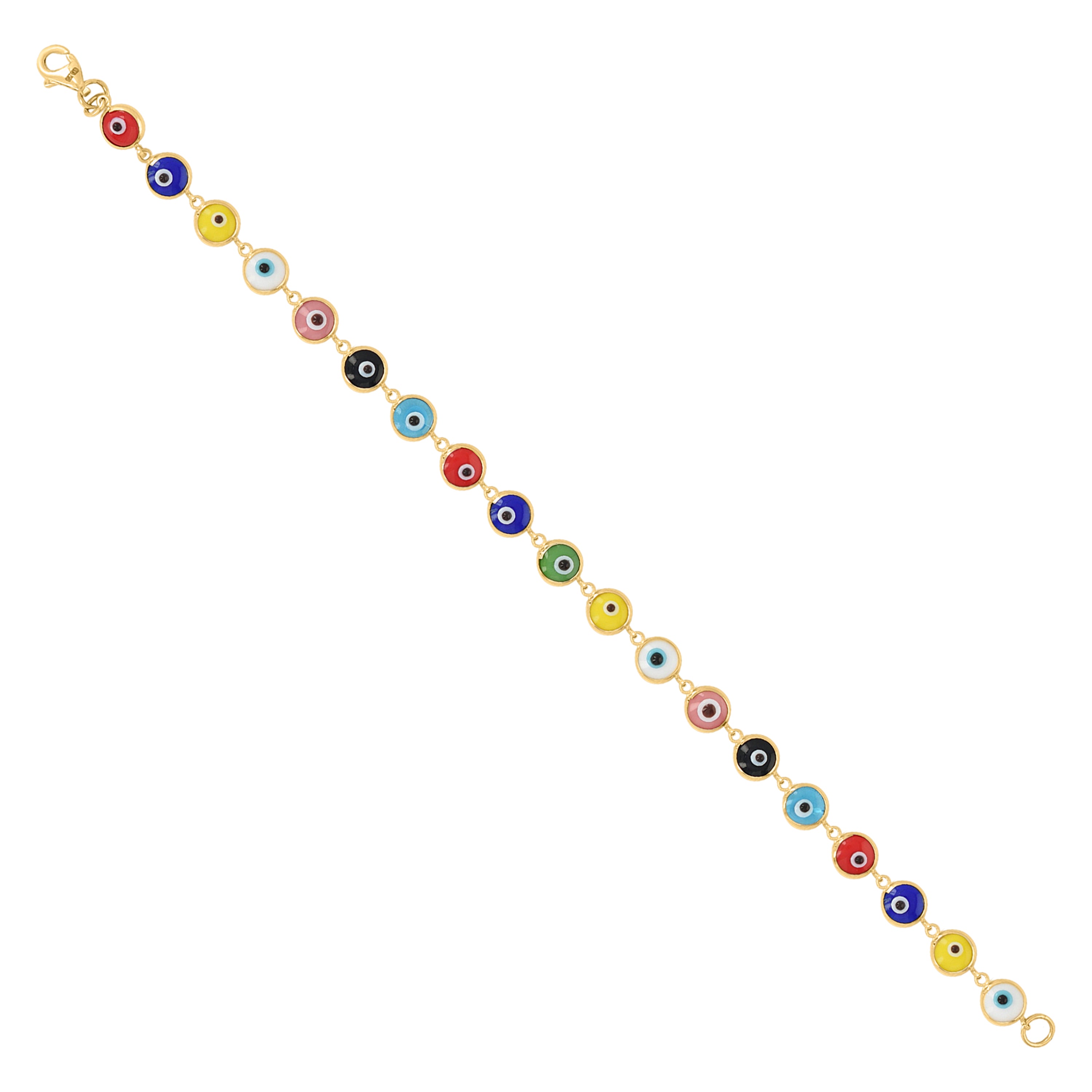 10kt Yellow Gold Womens Multi-Color Enamel Evil Eye Fashion Link Bracelet Size 8 Inches