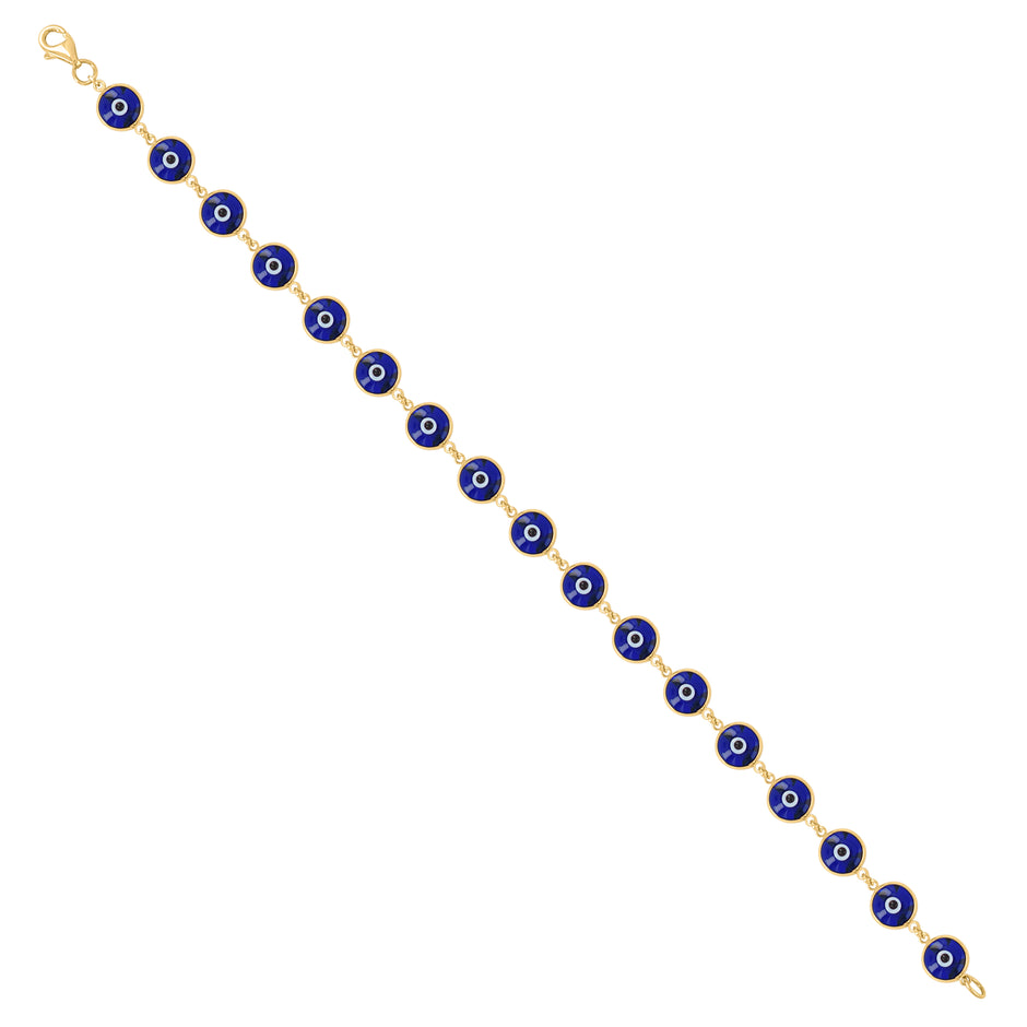 10kt Yellow Gold Womens Blue Black Enamel Evil Eye Fashion Link Bracelet Size 8 Inches