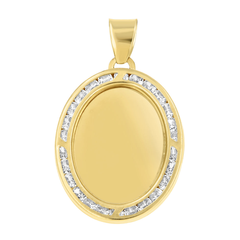 14k Yellow Gold Unisex Cubic-Zirconia Oval Photo Frame Charm Pendant
