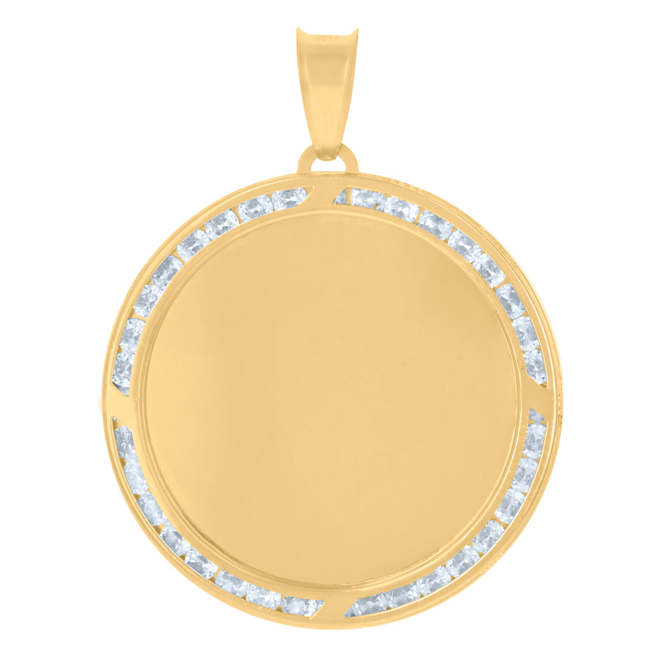 14Kt Yellow Gold Mens Cubic-Zirconia Round Photo Frame Medallion Charm Pendant