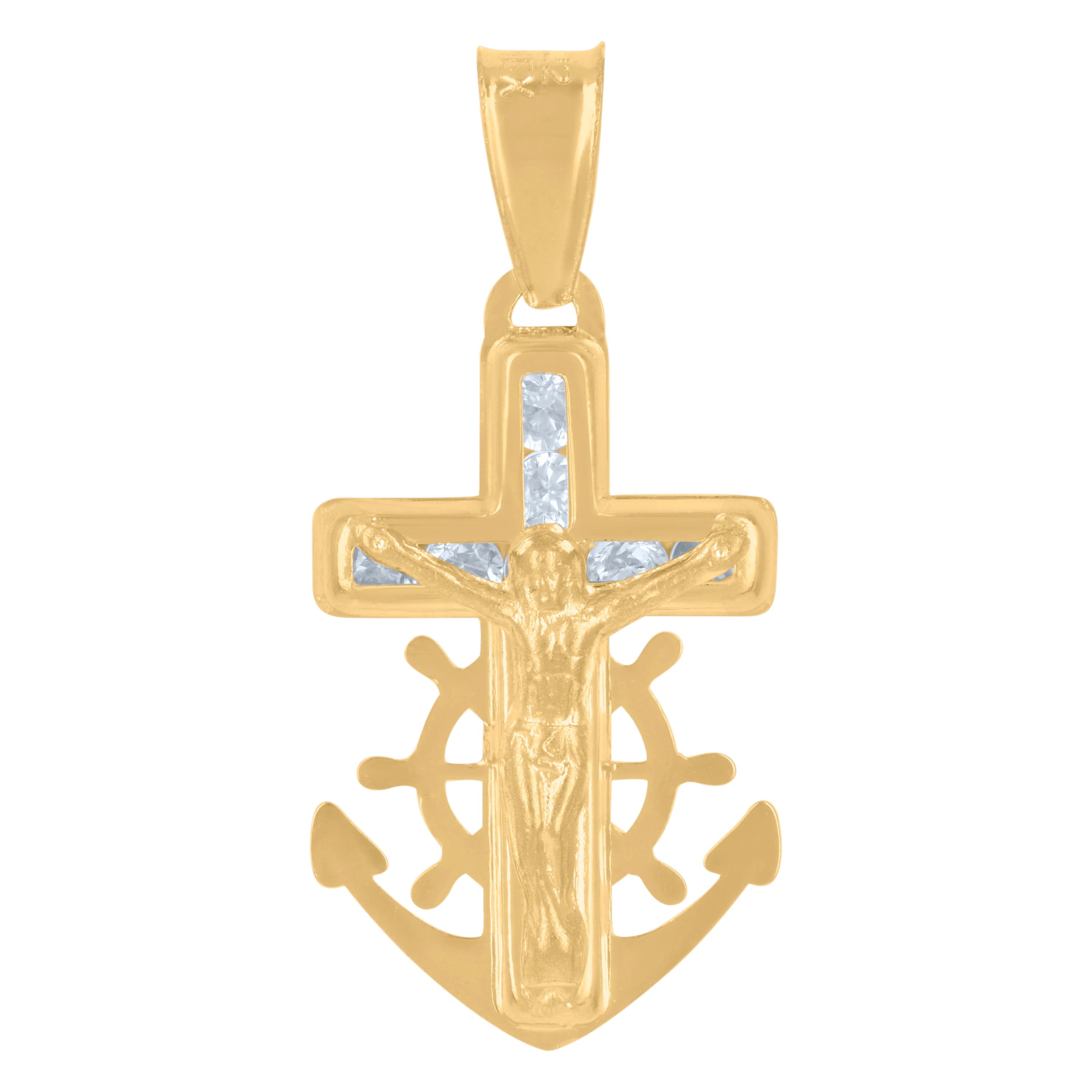 14Kt Yellow Gold Mens Cubic-Zirconia Anchor Crucifix Religious Charm Pendant