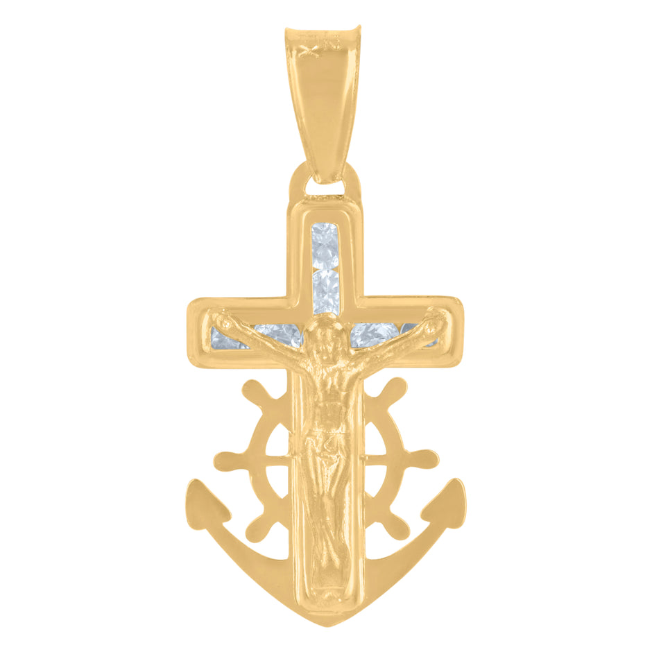 14Kt Yellow Gold Mens Cubic-Zirconia Anchor Crucifix Religious Charm Pendant