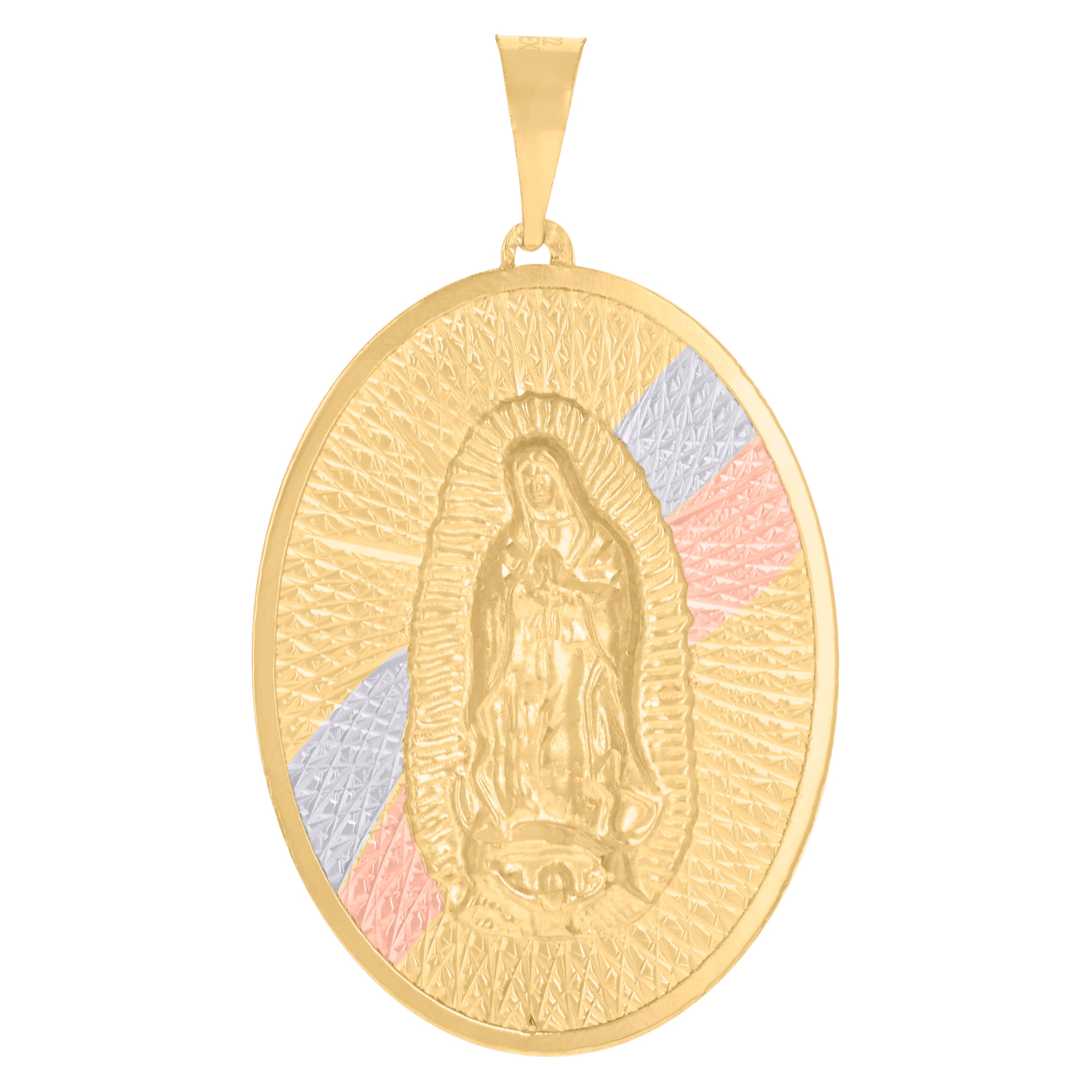 14Kt Tri-Color Gold Unisex Medallion Oval Guadalupe/Mother Marry Religious Charm Pendant