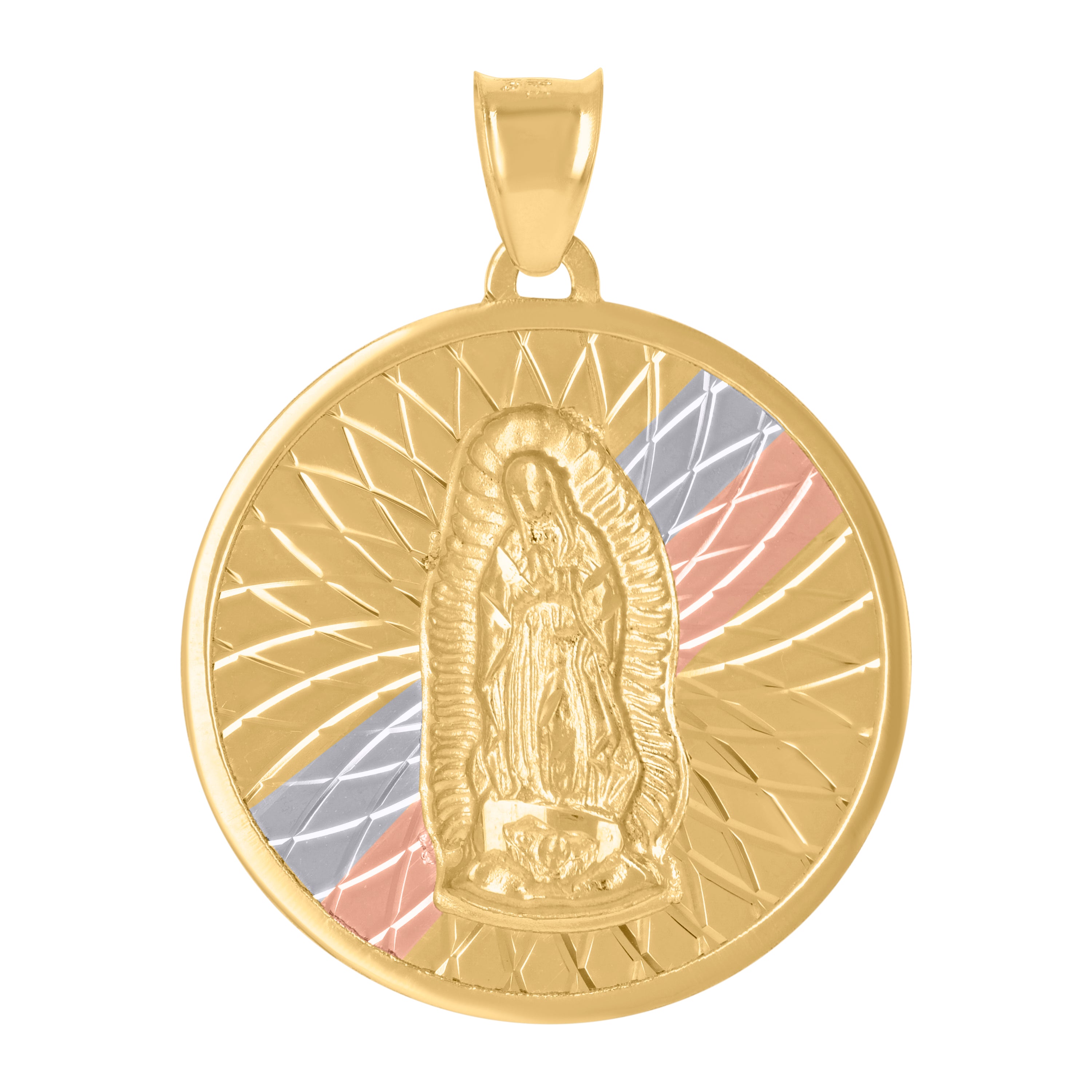 14Kt Tri-Color Gold Unisex Medallion Guadalupe/Mother Marry Religious Charm Pendant