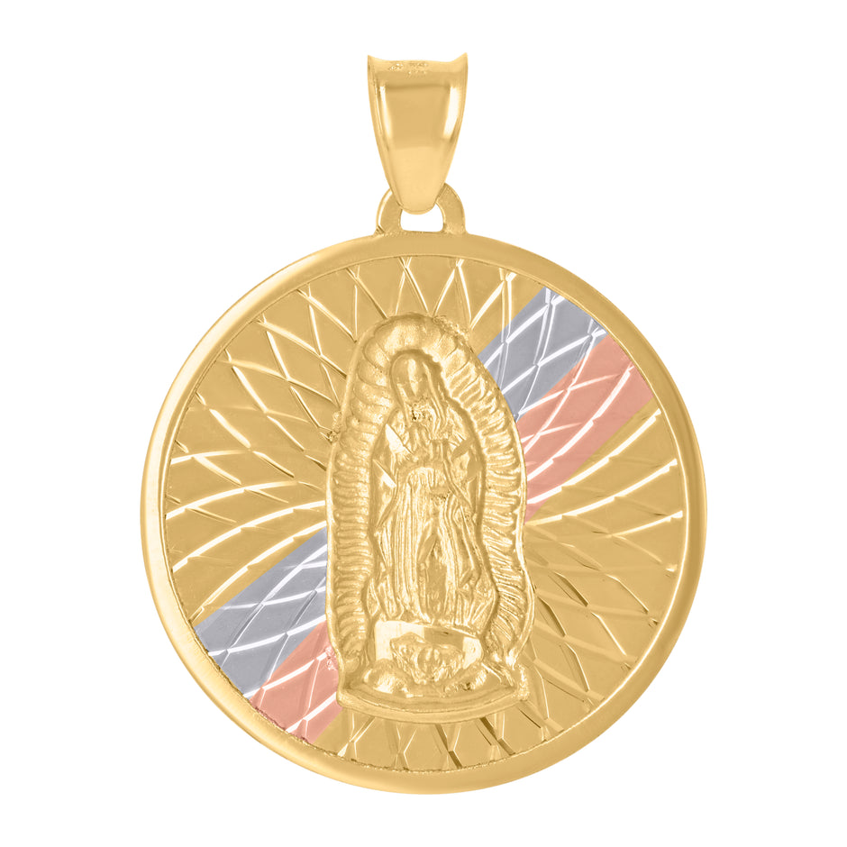 14Kt Tri-Color Gold Unisex Medallion Guadalupe/Mother Marry Religious Charm Pendant