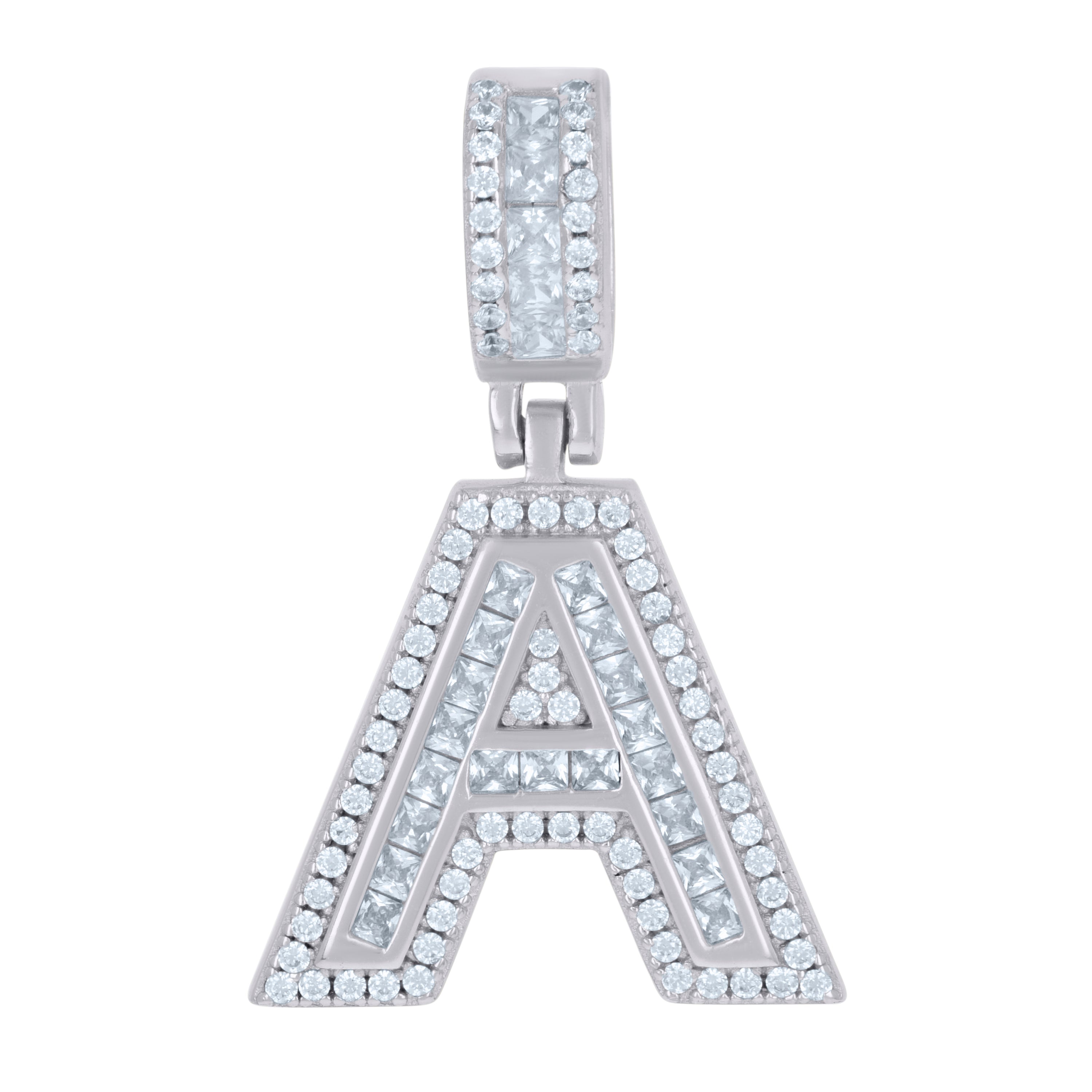 925 Sterling Silver Unisex Round & Baguette Cubic-Zirconia Initial Alphabet A Pendant Charm