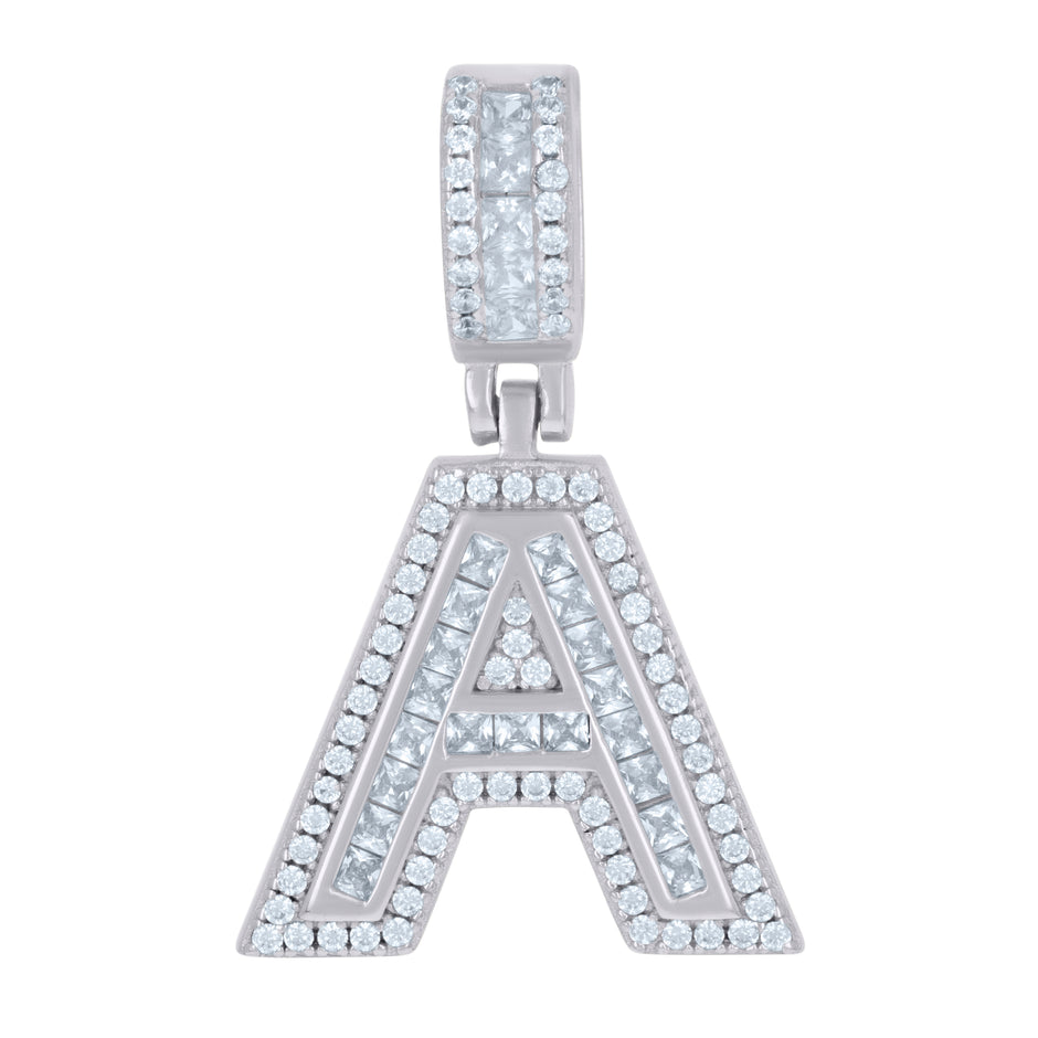 925 Sterling Silver Unisex Round & Baguette Cubic-Zirconia Initial Alphabet A Pendant Charm