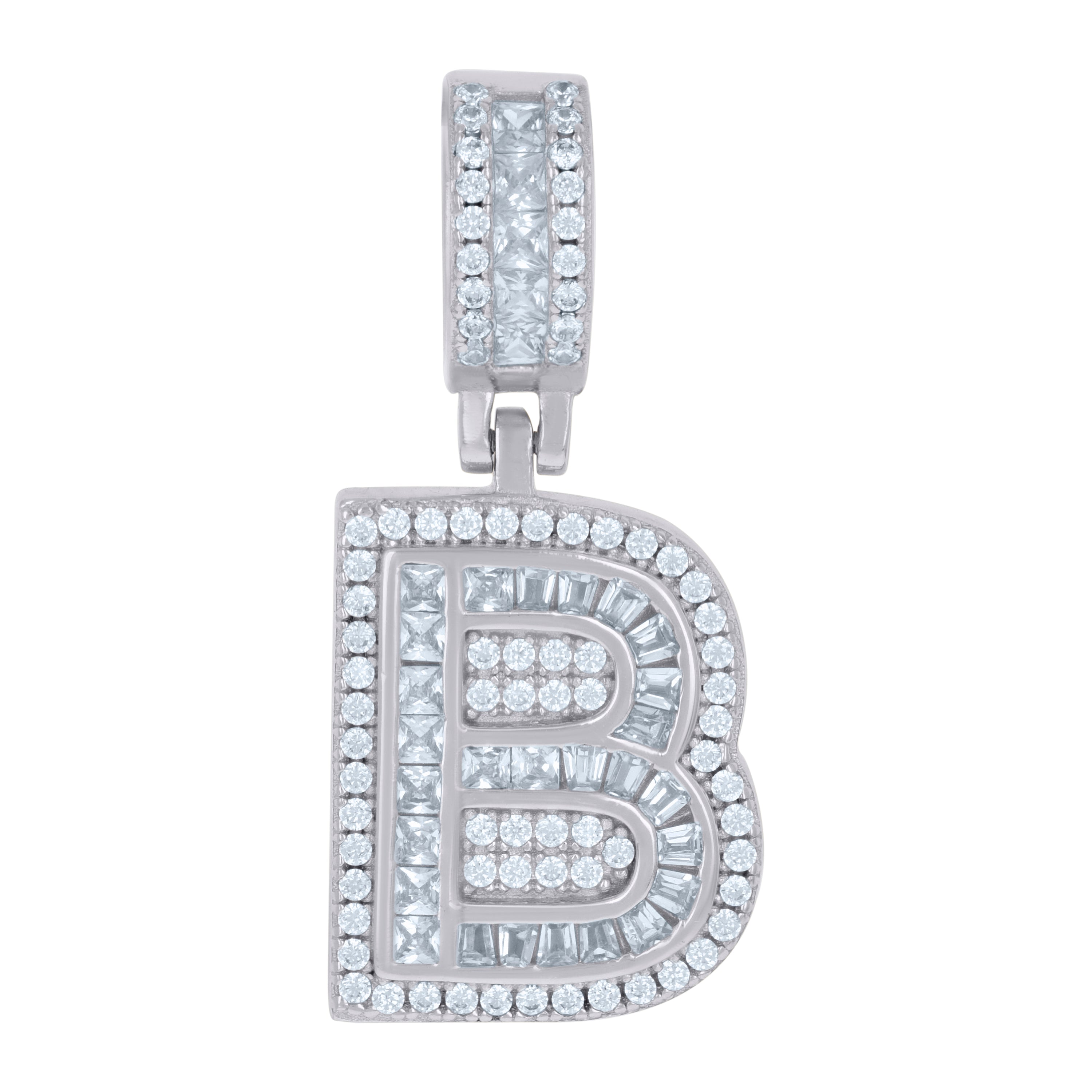 925 Sterling Silver Unisex Round & Baguette Cubic-Zirconia Initial Alphabet B Pendant Charm