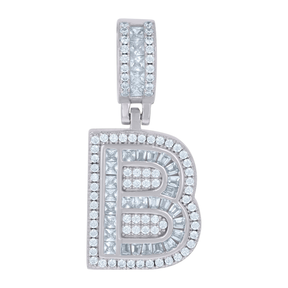 925 Sterling Silver Unisex Round & Baguette Cubic-Zirconia Initial Alphabet B Pendant Charm