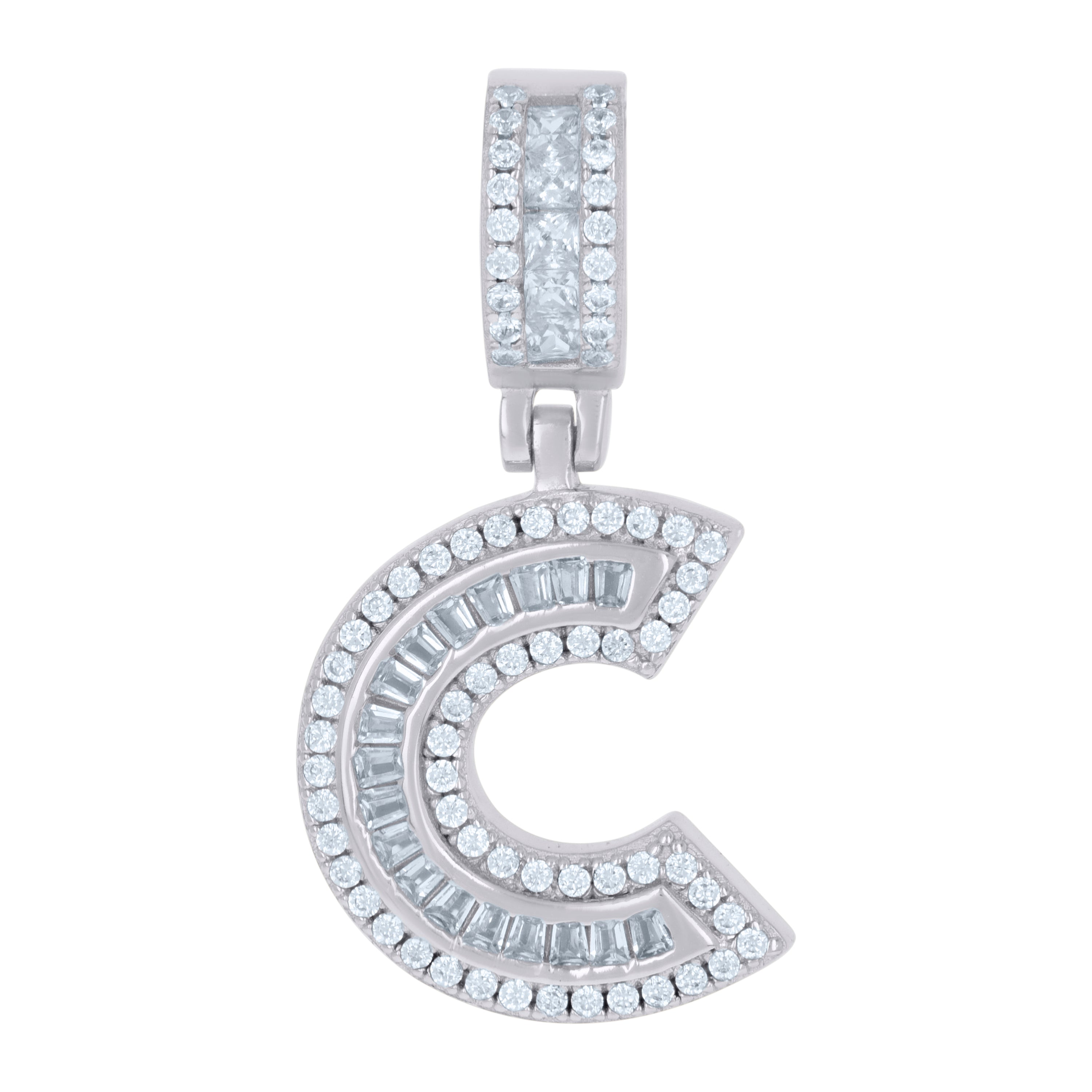 925 Sterling Silver Unisex Round & Baguette Cubic-Zirconia Initial Alphabet C Pendant Charm