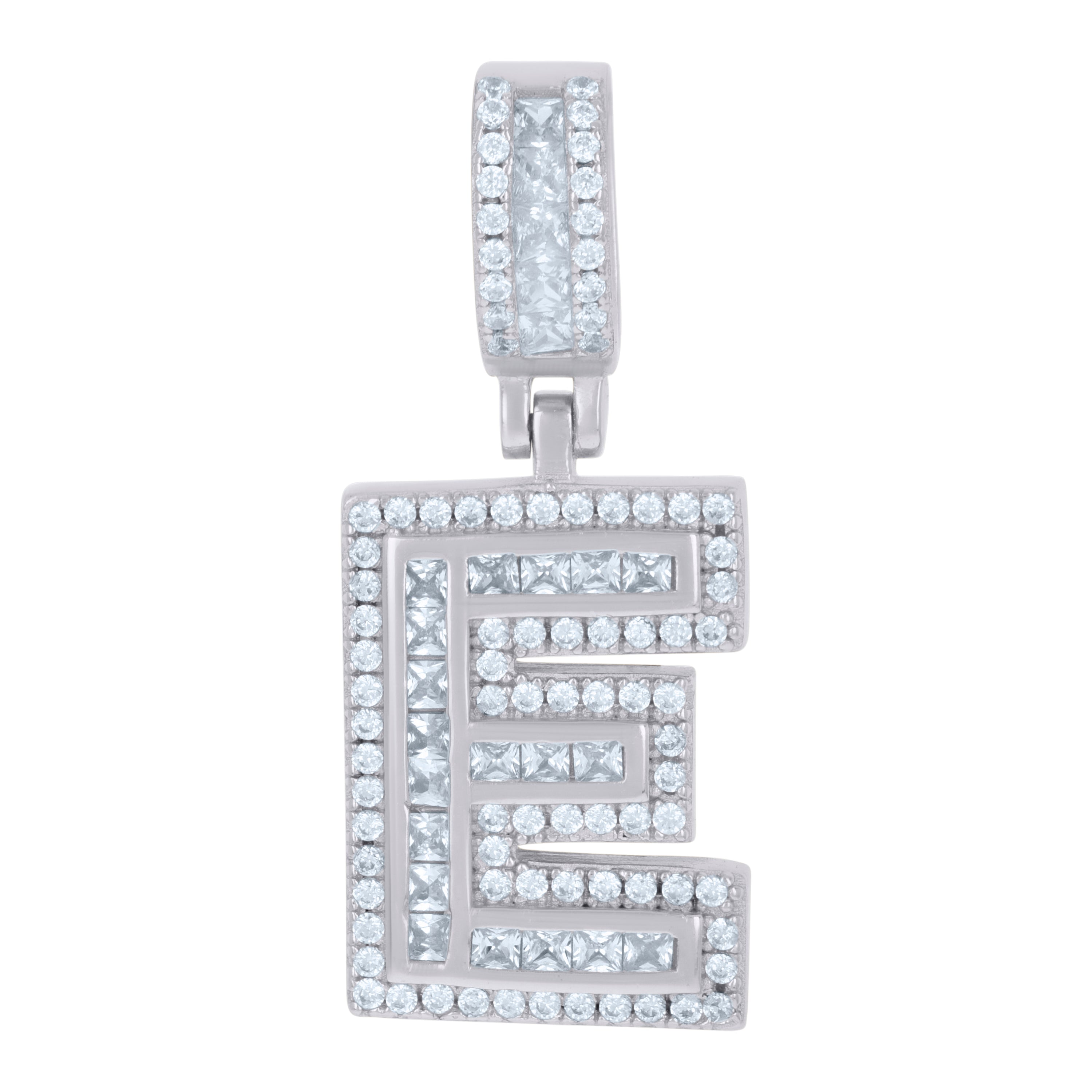 925 Sterling Silver Unisex Round & Baguette Cubic-Zirconia Initial Alphabet E Pendant Charm