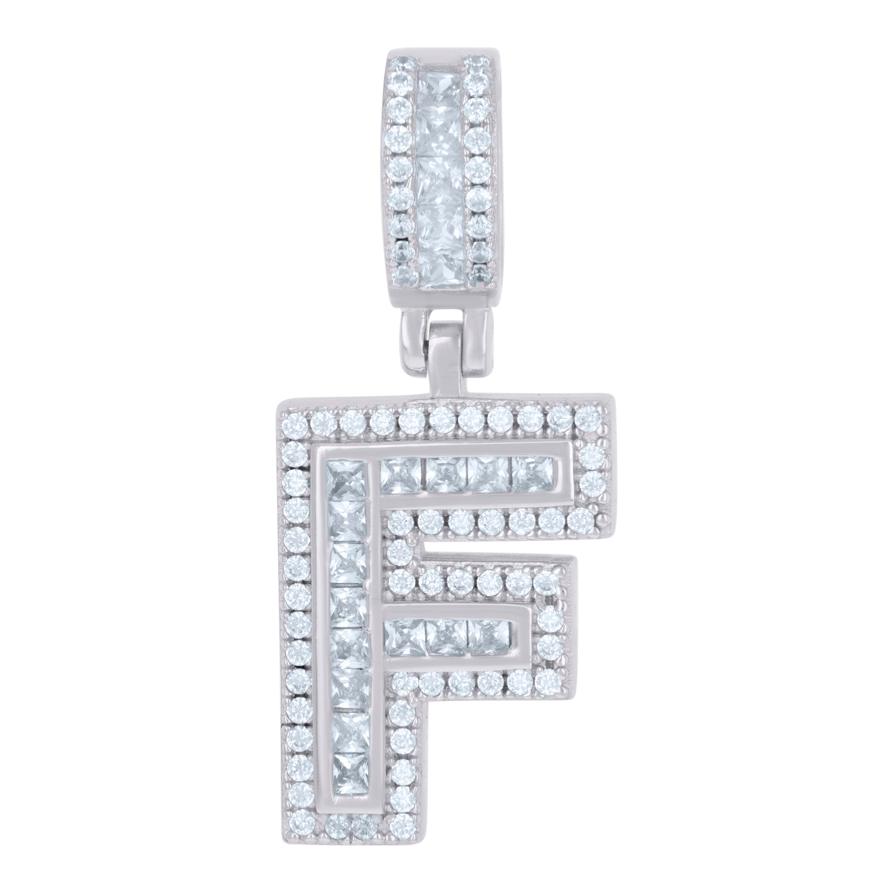 925 Sterling Silver Unisex Round & Baguette Cubic-Zirconia Initial Alphabet F Pendant Charm