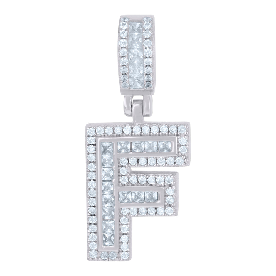925 Sterling Silver Unisex Round & Baguette Cubic-Zirconia Initial Alphabet F Pendant Charm
