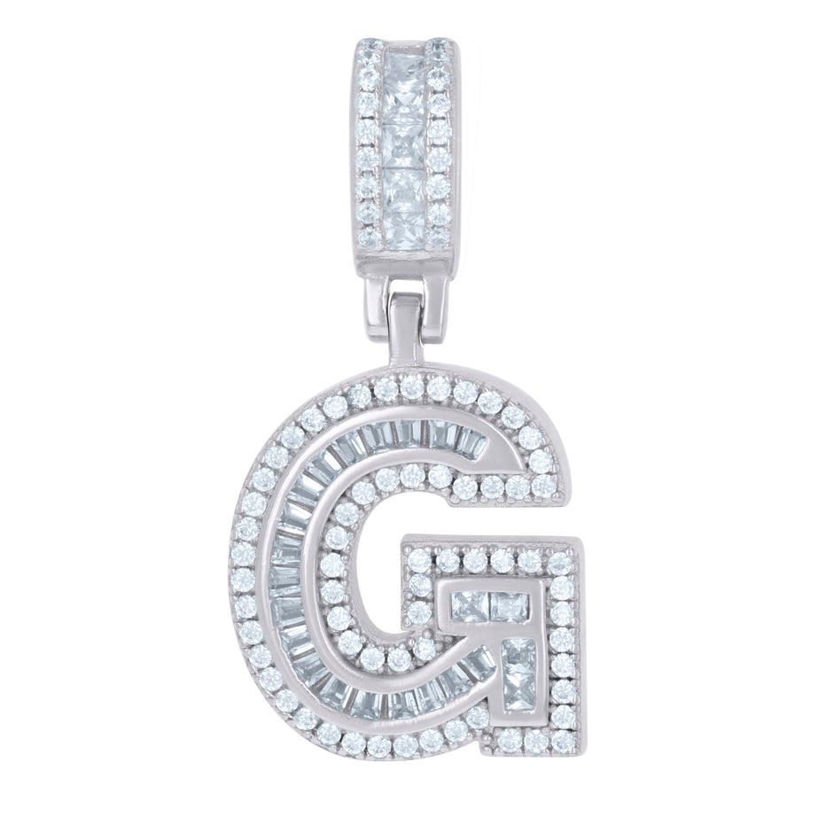 925 Sterling Silver Unisex Round & Baguette Cubic-Zirconia Initial Alphabet G Pendant Charm