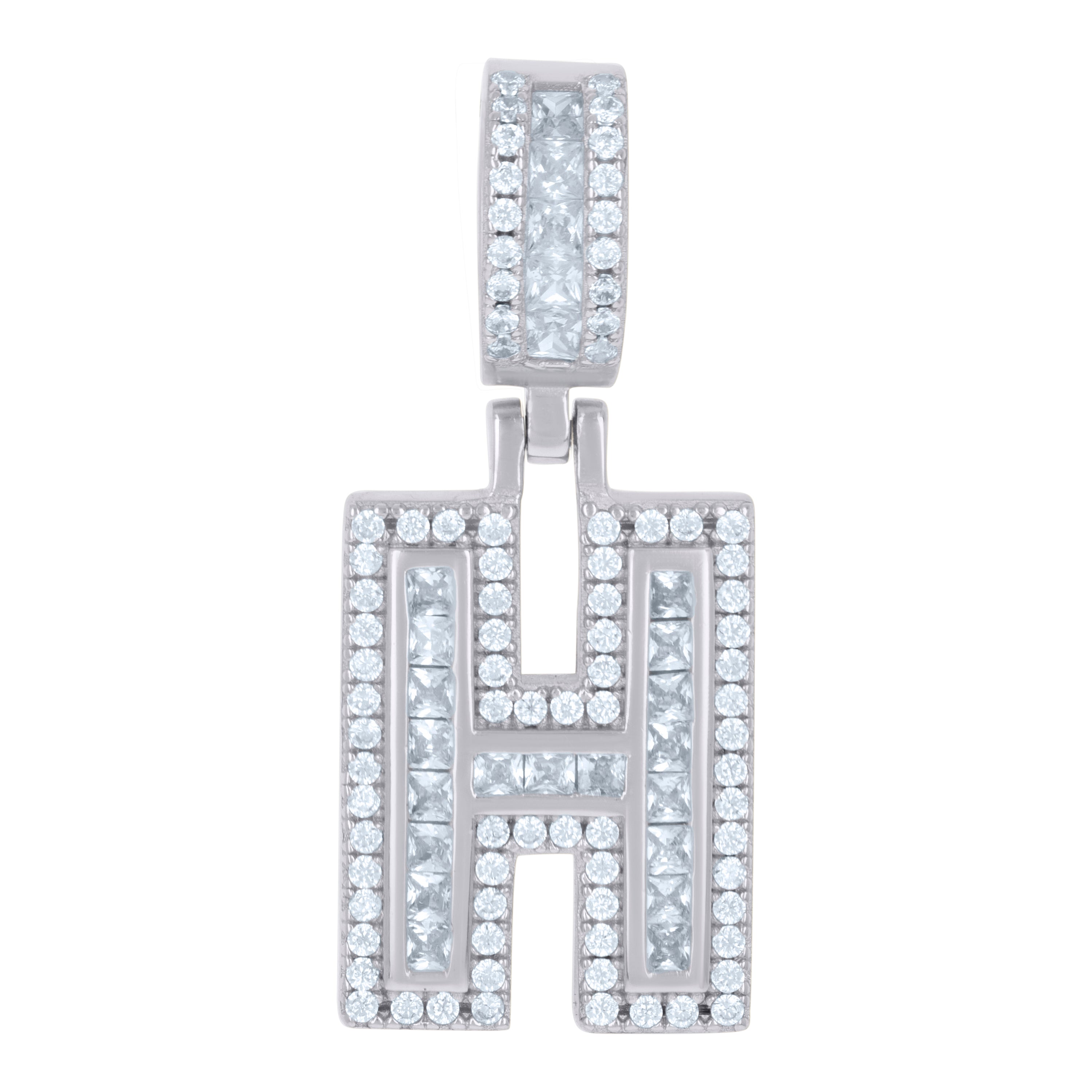 925 Sterling Silver Unisex Round & Baguette Cubic-Zirconia Initial Alphabet H Pendant Charm