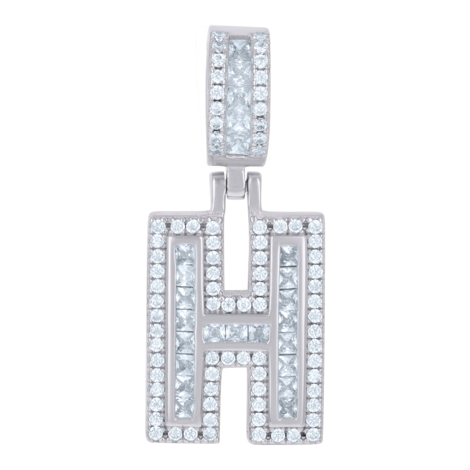 925 Sterling Silver Unisex Round & Baguette Cubic-Zirconia Initial Alphabet H Pendant Charm