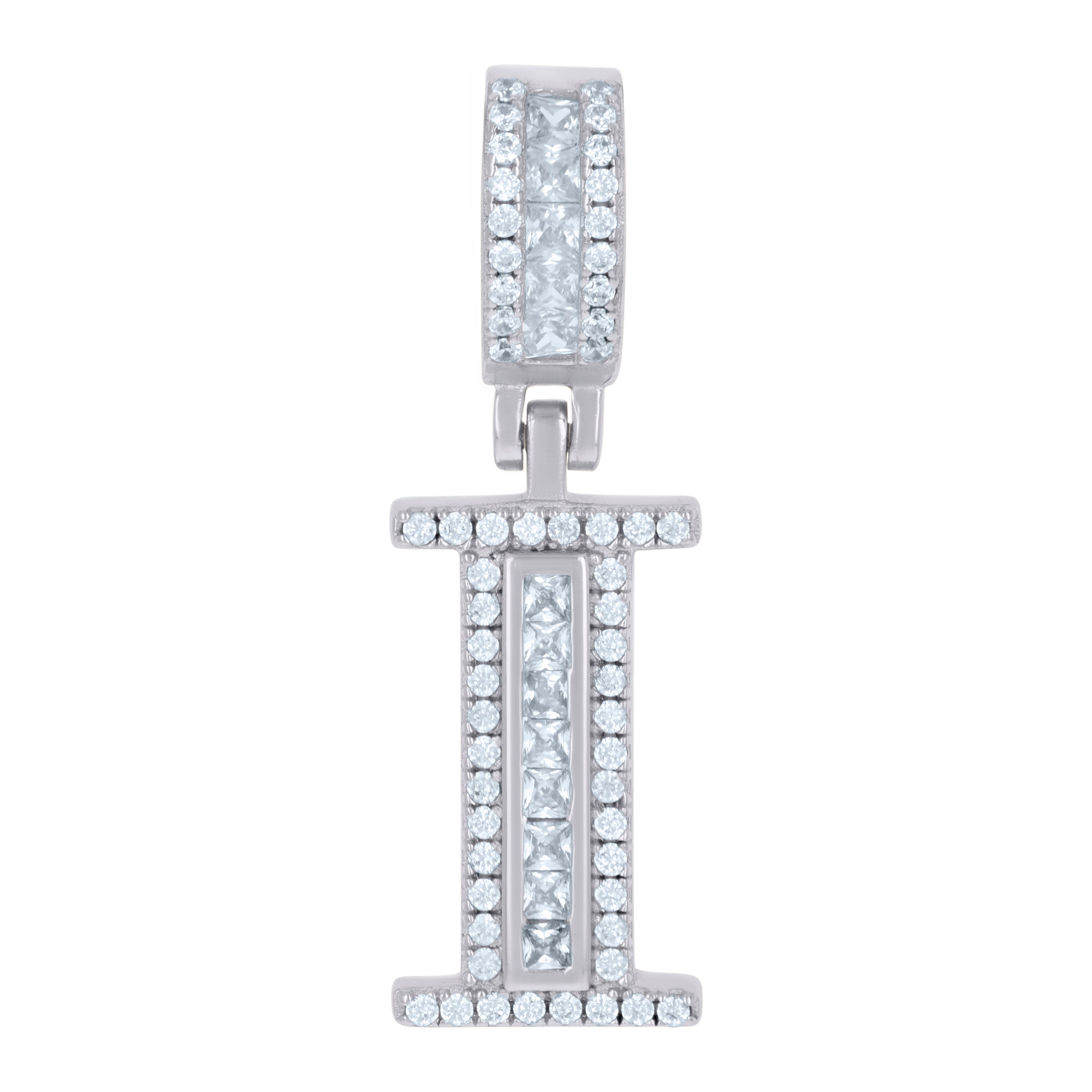 925 Sterling Silver Unisex Round & Baguette Cubic-Zirconia Initial Alphabet I Pendant Charm