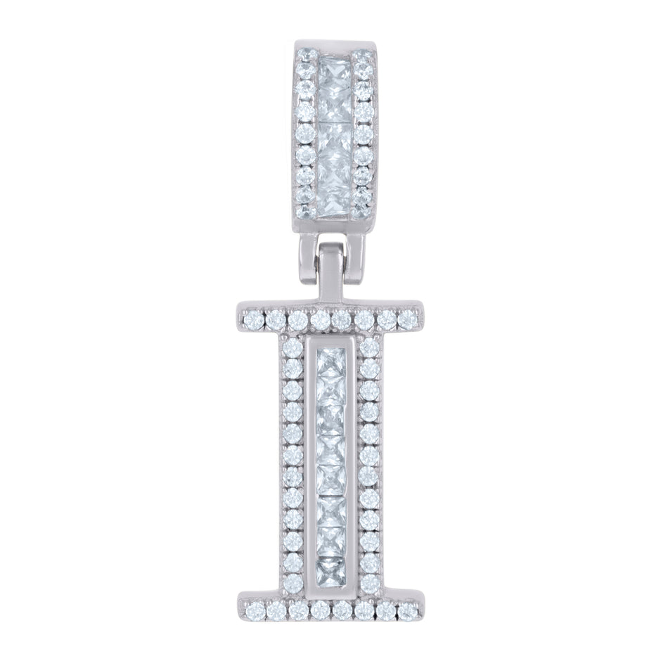 925 Sterling Silver Unisex Round & Baguette Cubic-Zirconia Initial Alphabet I Pendant Charm