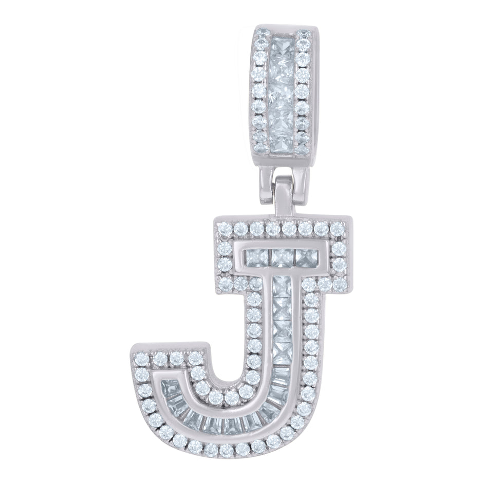 925 Sterling Silver Unisex Round & Baguette Cubic-Zirconia Initial Alphabet J Pendant Charm