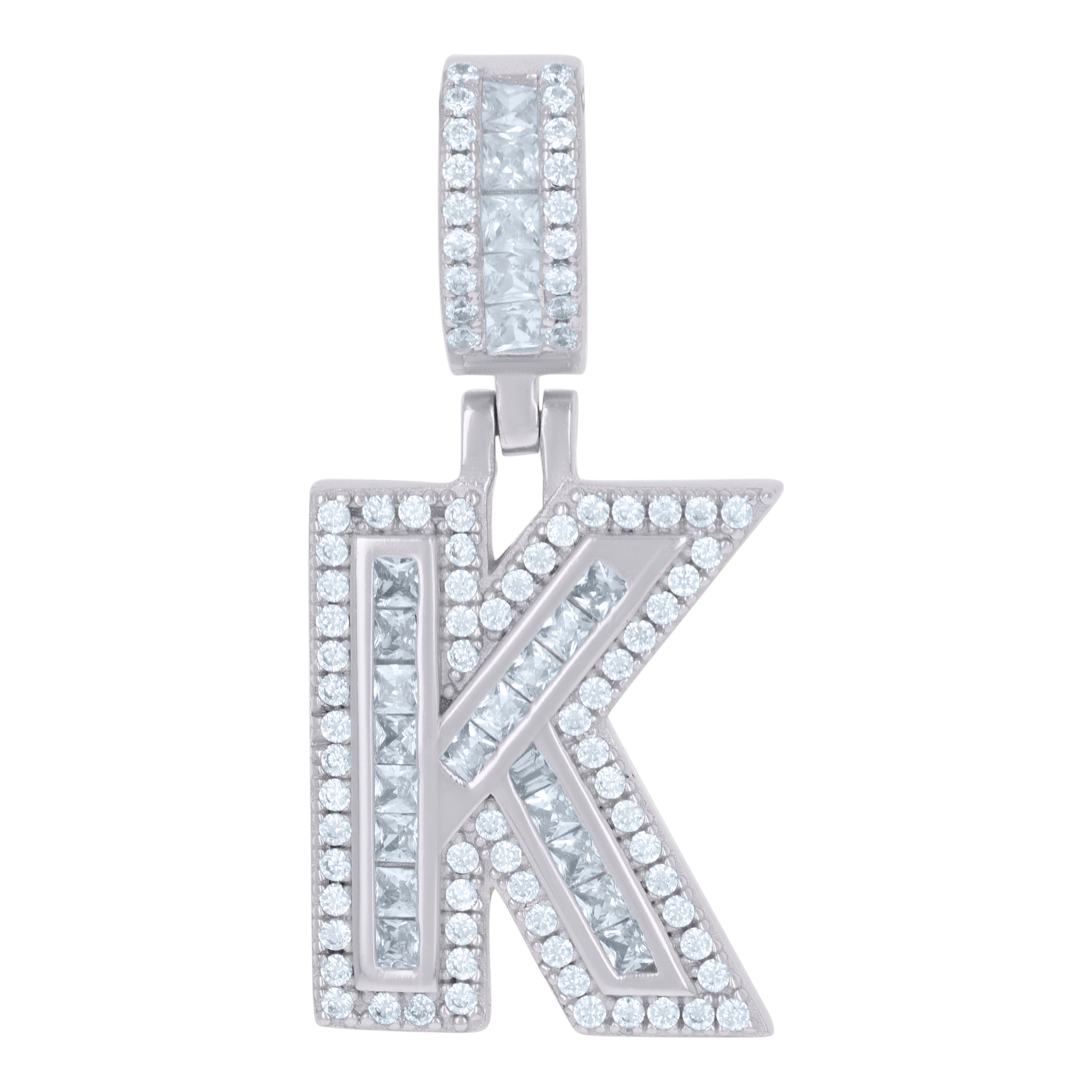 925 Sterling Silver Unisex Round & Baguette Cubic-Zirconia Initial Alphabet K Pendant Charm