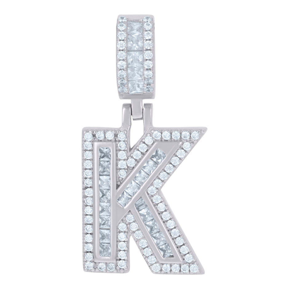 925 Sterling Silver Unisex Round & Baguette Cubic-Zirconia Initial Alphabet K Pendant Charm