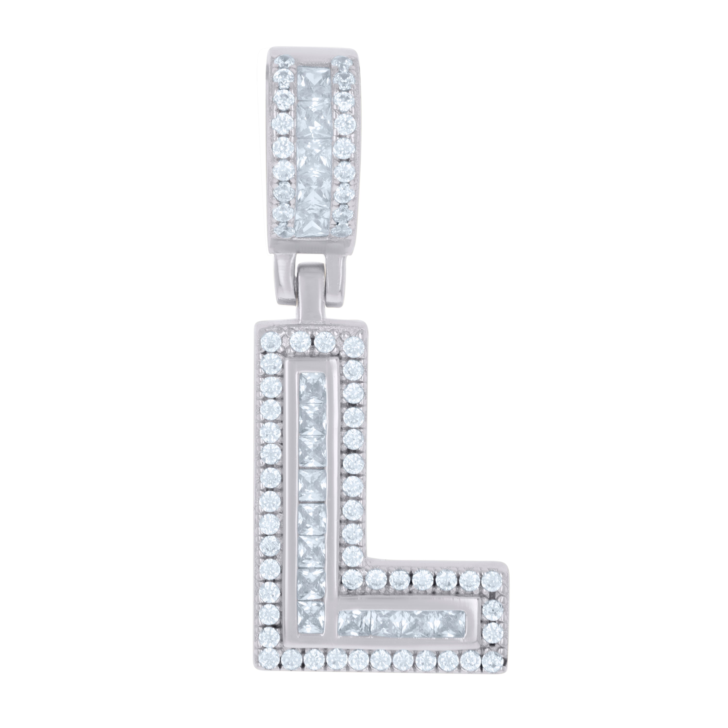925 Sterling Silver Unisex Round & Baguette Cubic-Zirconia Initial Alphabet L Pendant Charm