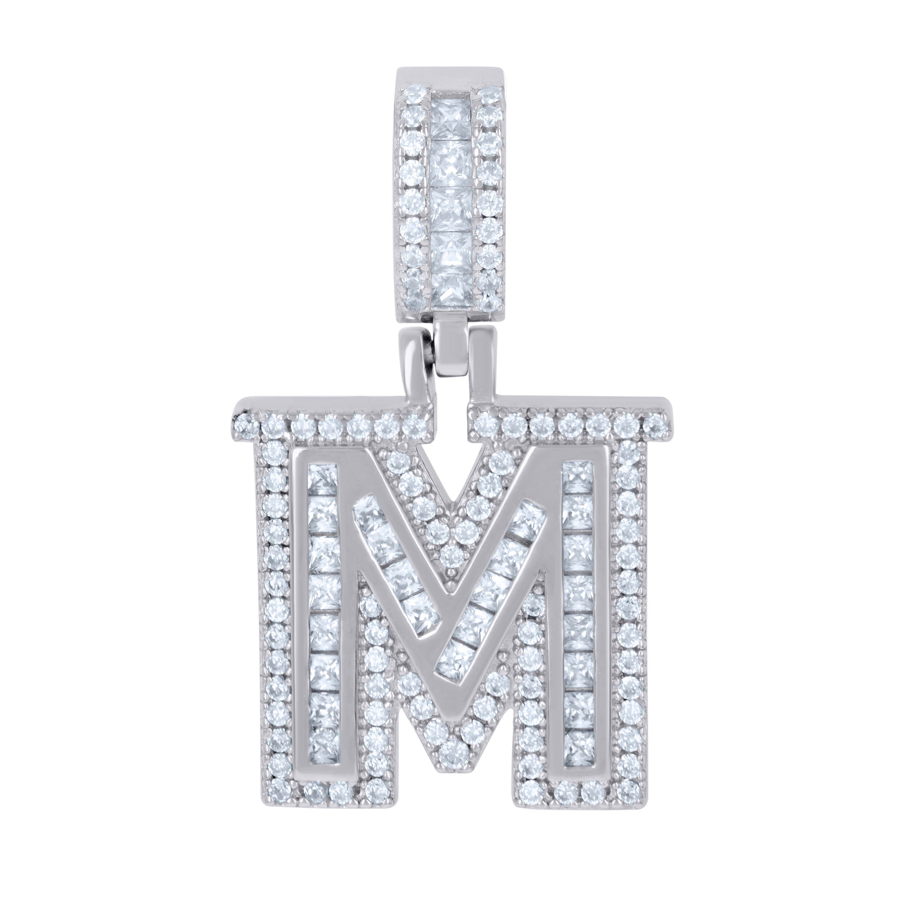 925 Sterling Silver Mens Princess-Cut Round Cubic-Zirconia M Alphabet Initials Charm Pendant
