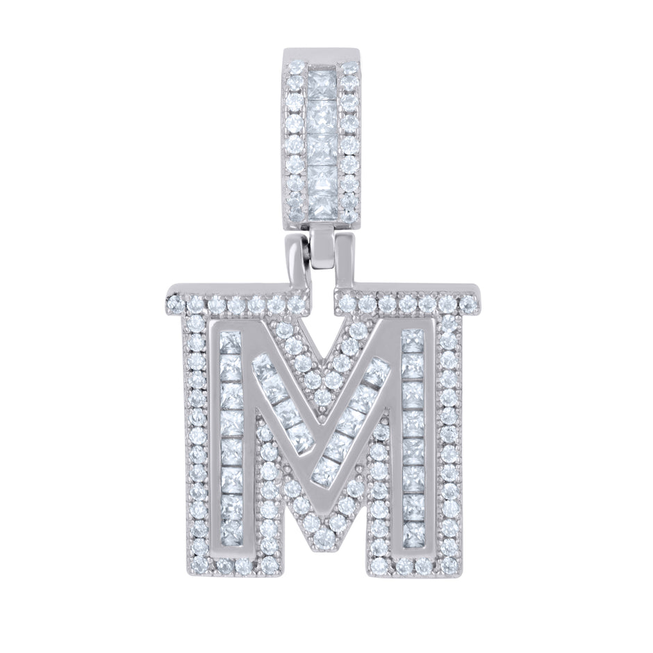 925 Sterling Silver Mens Princess-Cut Round Cubic-Zirconia M Alphabet Initials Charm Pendant
