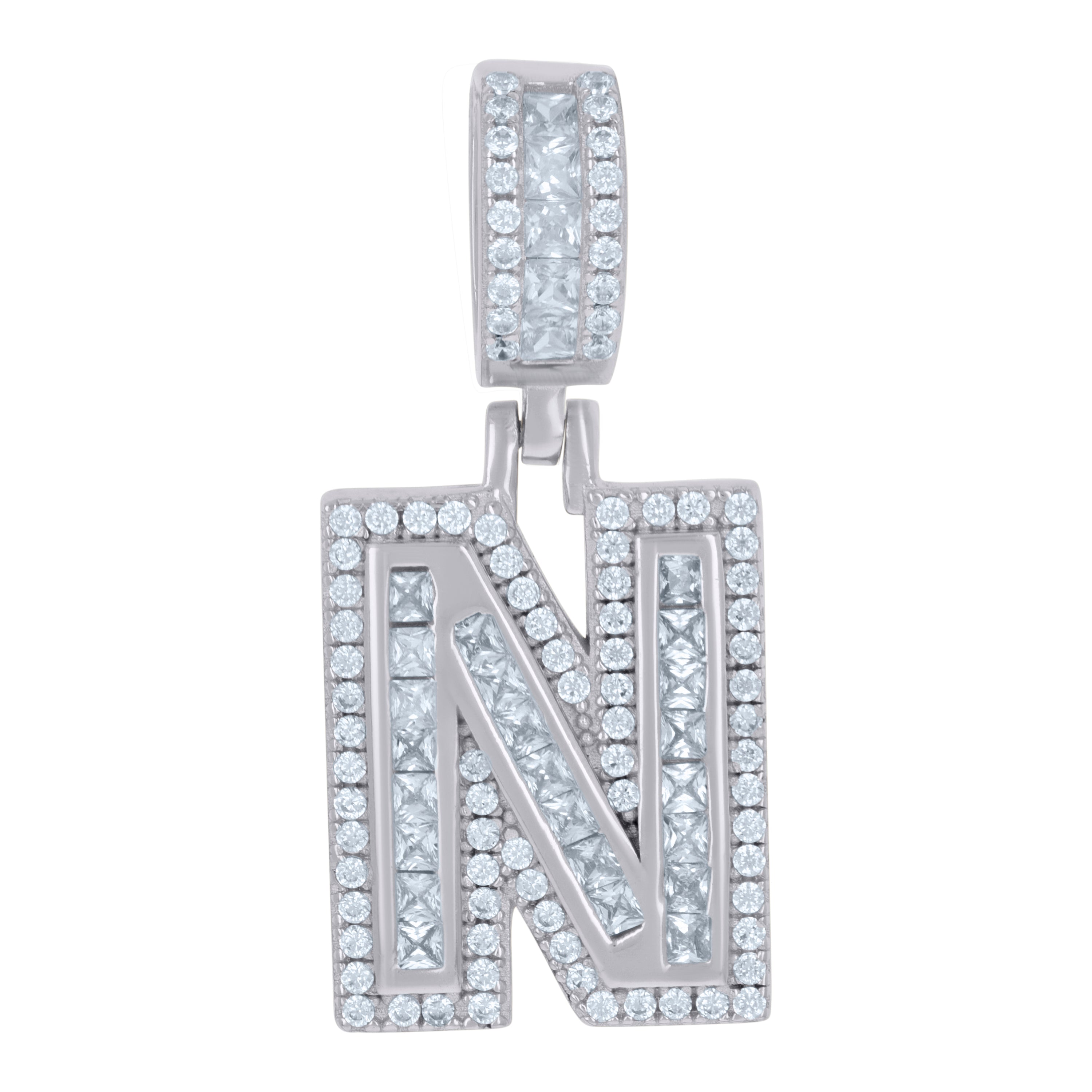 925 Sterling Silver Unisex Round & Baguette Cubic-Zirconia Initial Alphabet N Pendant Charm