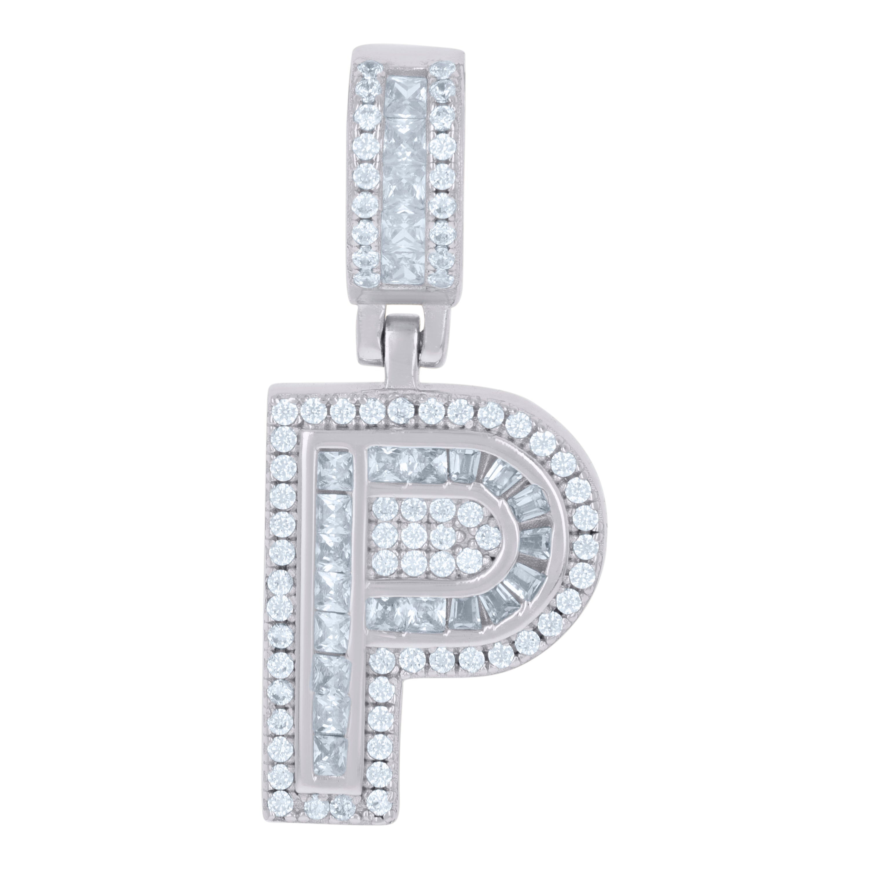 925 Sterling Silver Unisex Round & Baguette Cubic-Zirconia Initial Alphabet P Pendant Charm