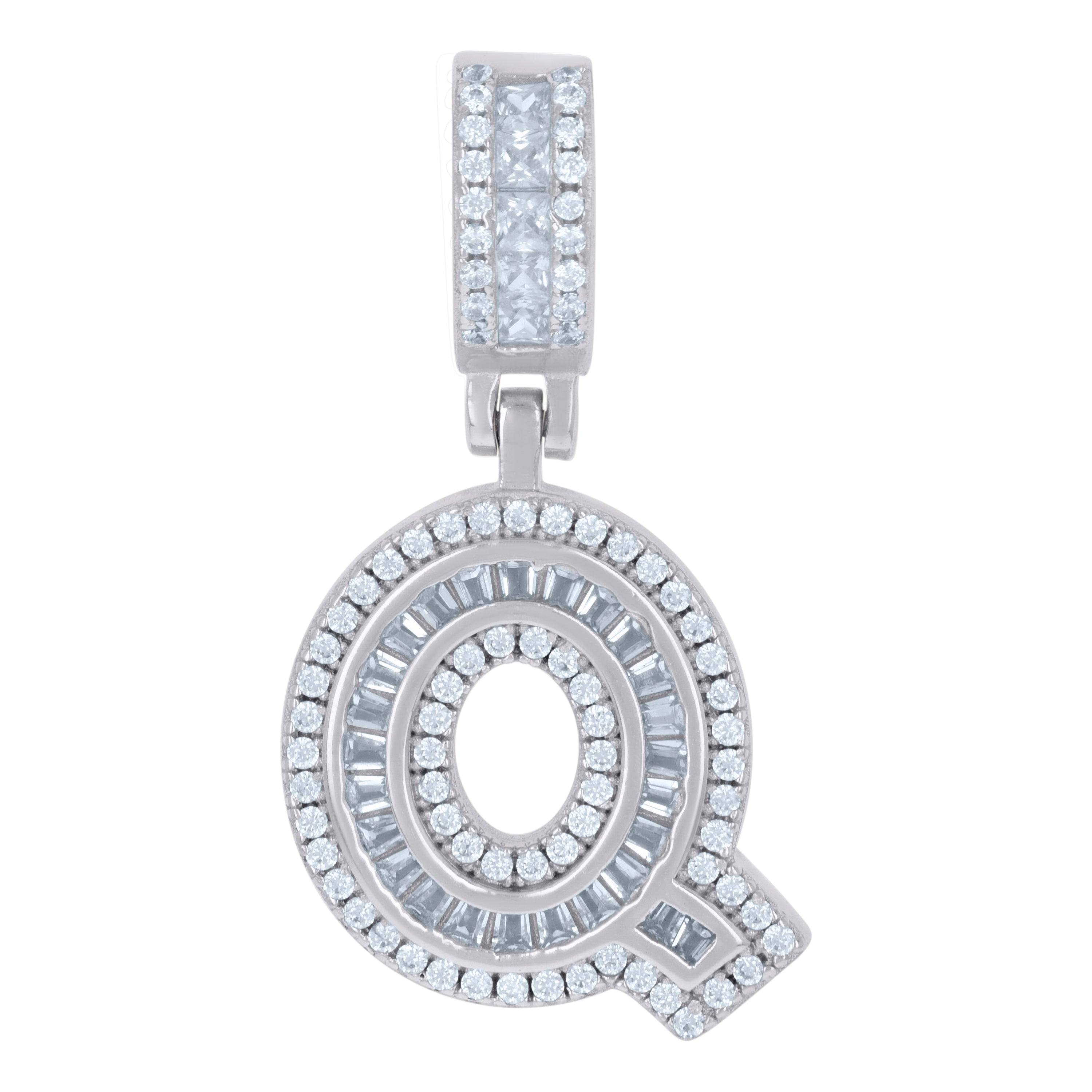 925 Sterling Silver Unisex Round & Baguette Cubic-Zirconia Initial Alphabet Q Pendant Charm