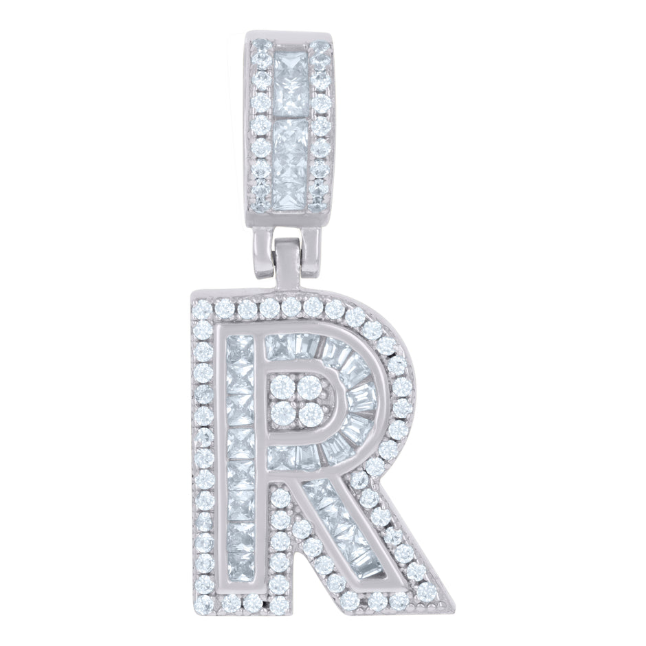 925 Sterling Silver Unisex Round & Baguette Cubic-Zirconia Initial Alphabet R Pendant Charm