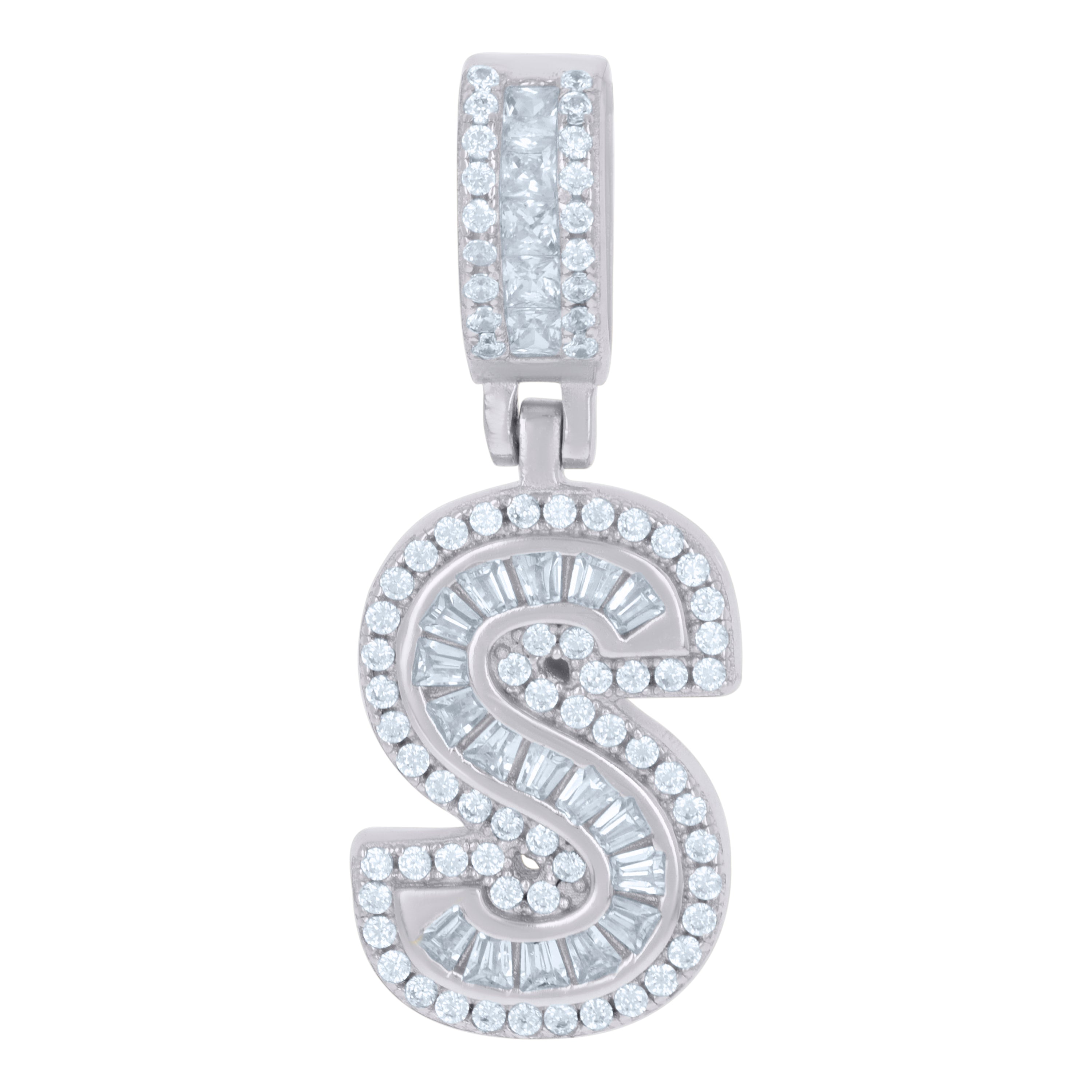 925 Sterling Silver Unisex Round & Baguette Cubic-Zirconia Initial Alphabet S Pendant Charm
