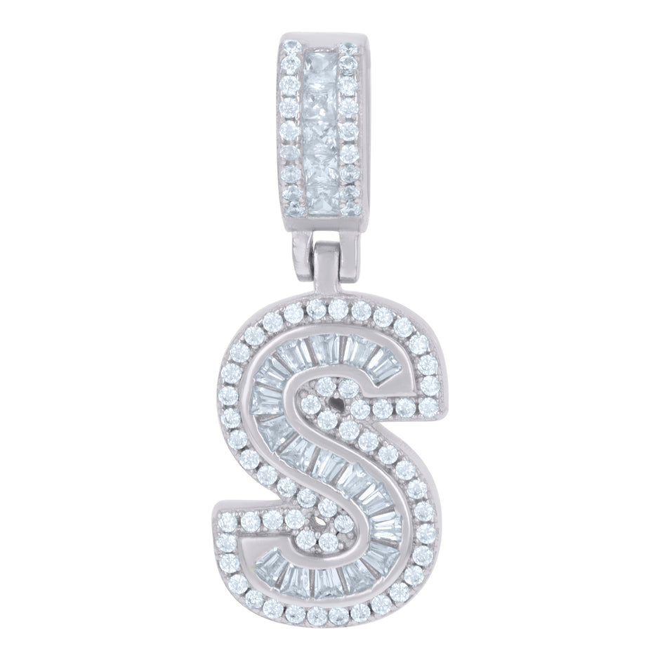 925 Sterling Silver Unisex Round & Baguette Cubic-Zirconia Initial Alphabet S Pendant Charm