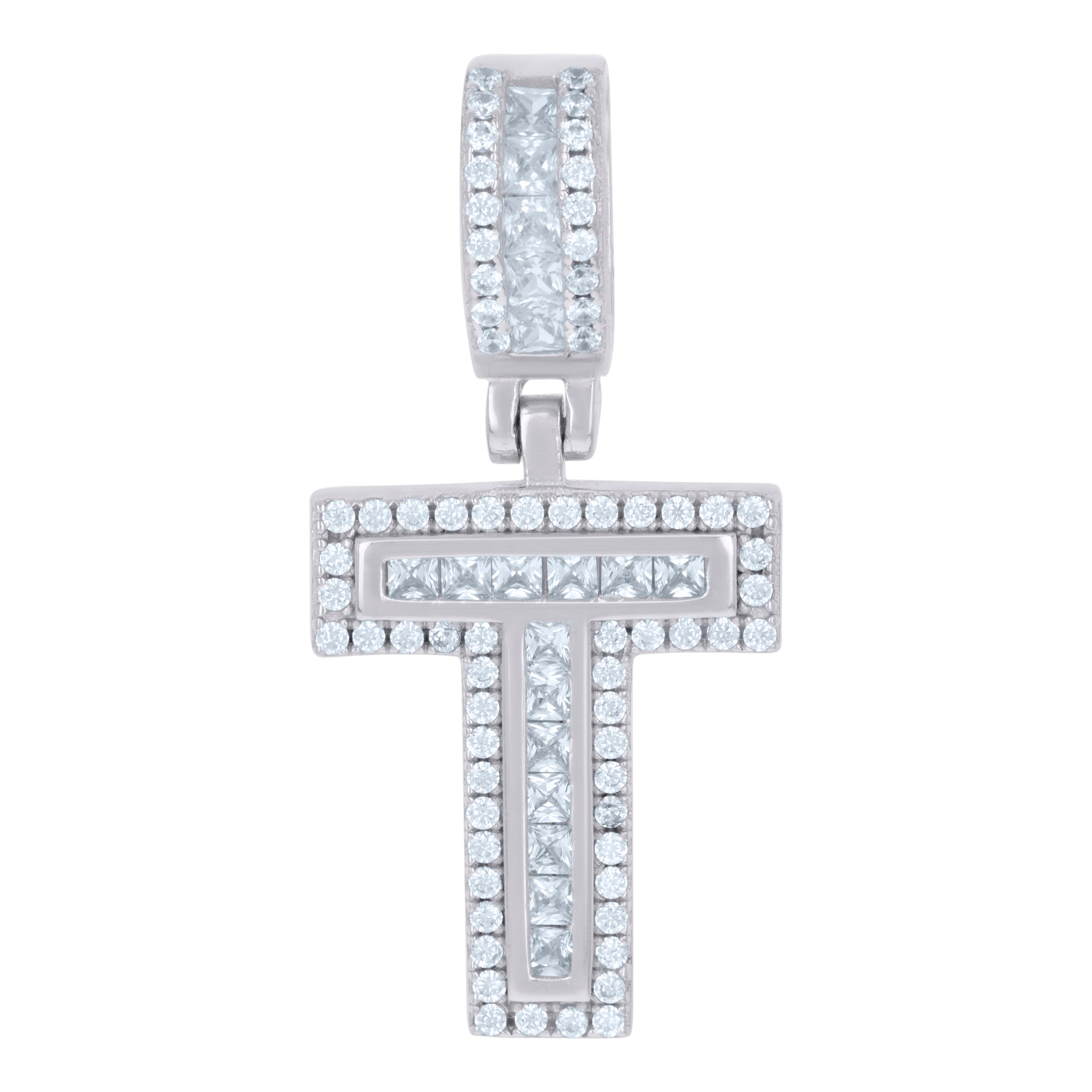925 Sterling Silver Unisex Round & Baguette Cubic-Zirconia Initial Alphabet T Pendant Charm