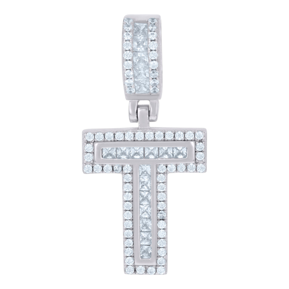 925 Sterling Silver Unisex Round & Baguette Cubic-Zirconia Initial Alphabet T Pendant Charm