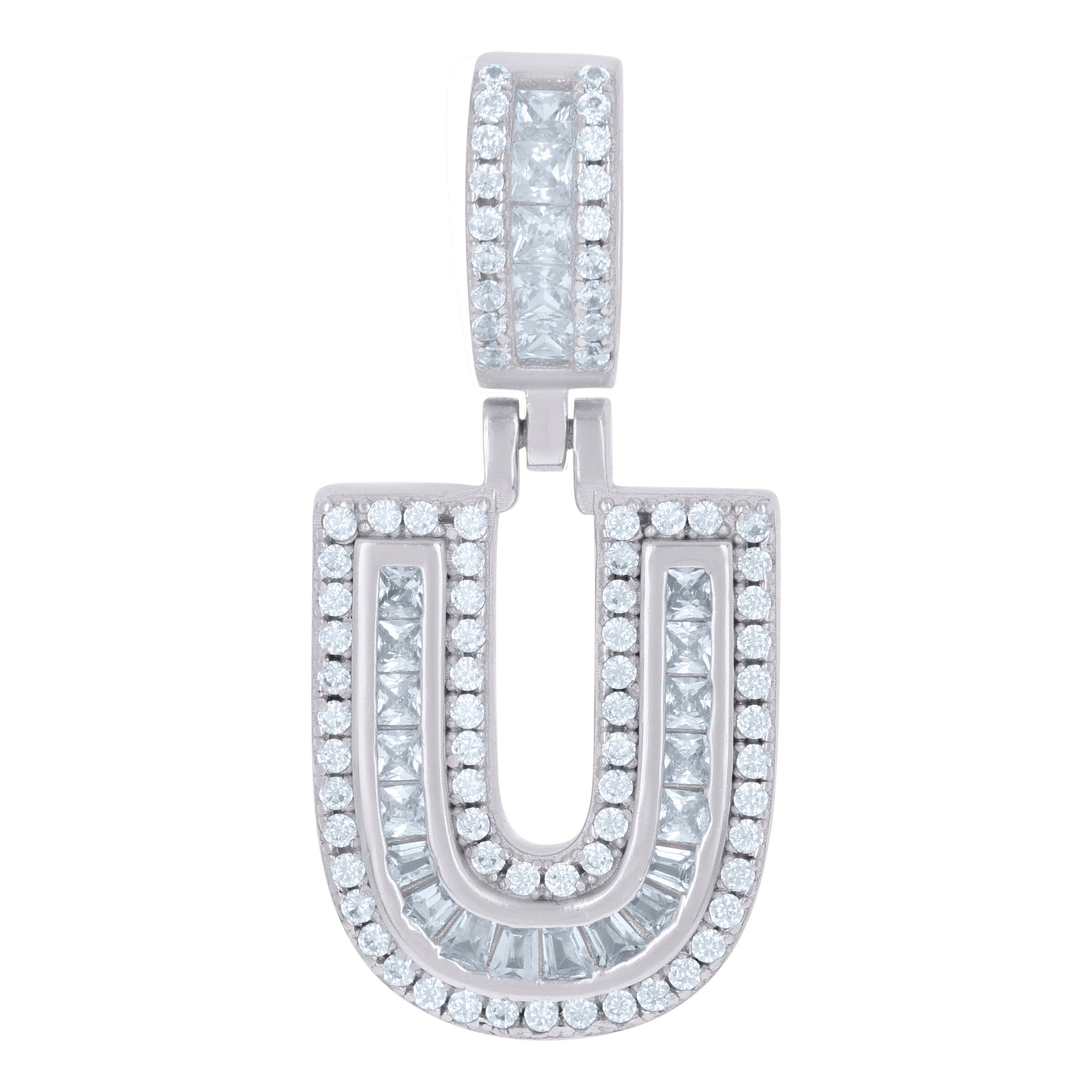 925 Sterling Silver Unisex Round & Baguette Cubic-Zirconia Initial Alphabet U Pendant Charm