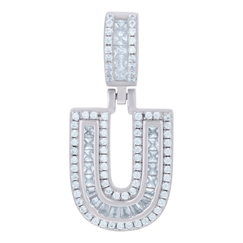 925 Sterling Silver Unisex Round & Baguette Cubic-Zirconia Initial Alphabet U Pendant Charm