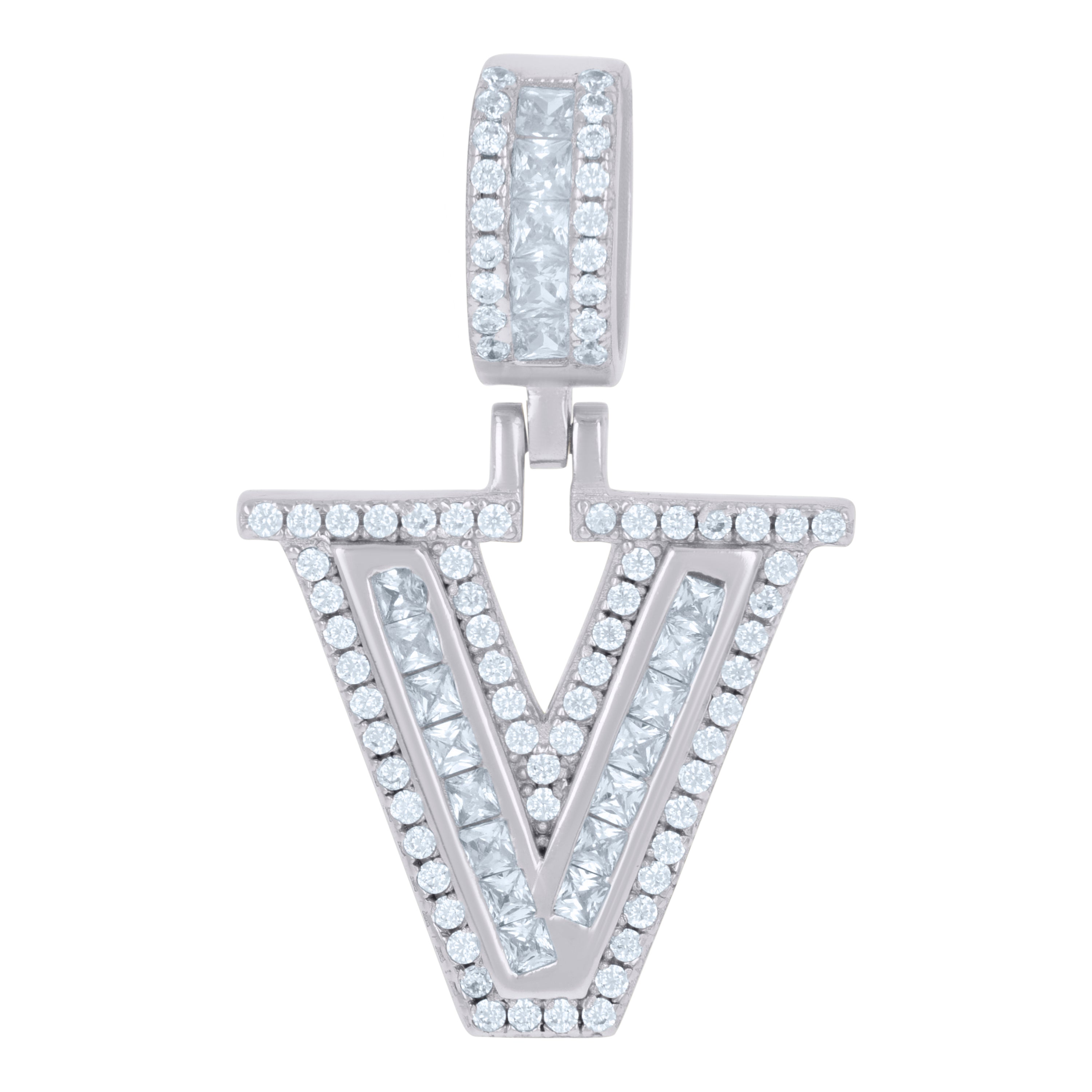 925 Sterling Silver Unisex Round & Baguette Cubic-Zirconia Initial Alphabet V Pendant Charm