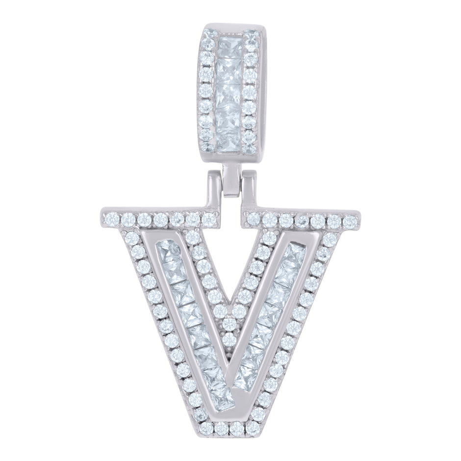 925 Sterling Silver Unisex Round & Baguette Cubic-Zirconia Initial Alphabet V Pendant Charm
